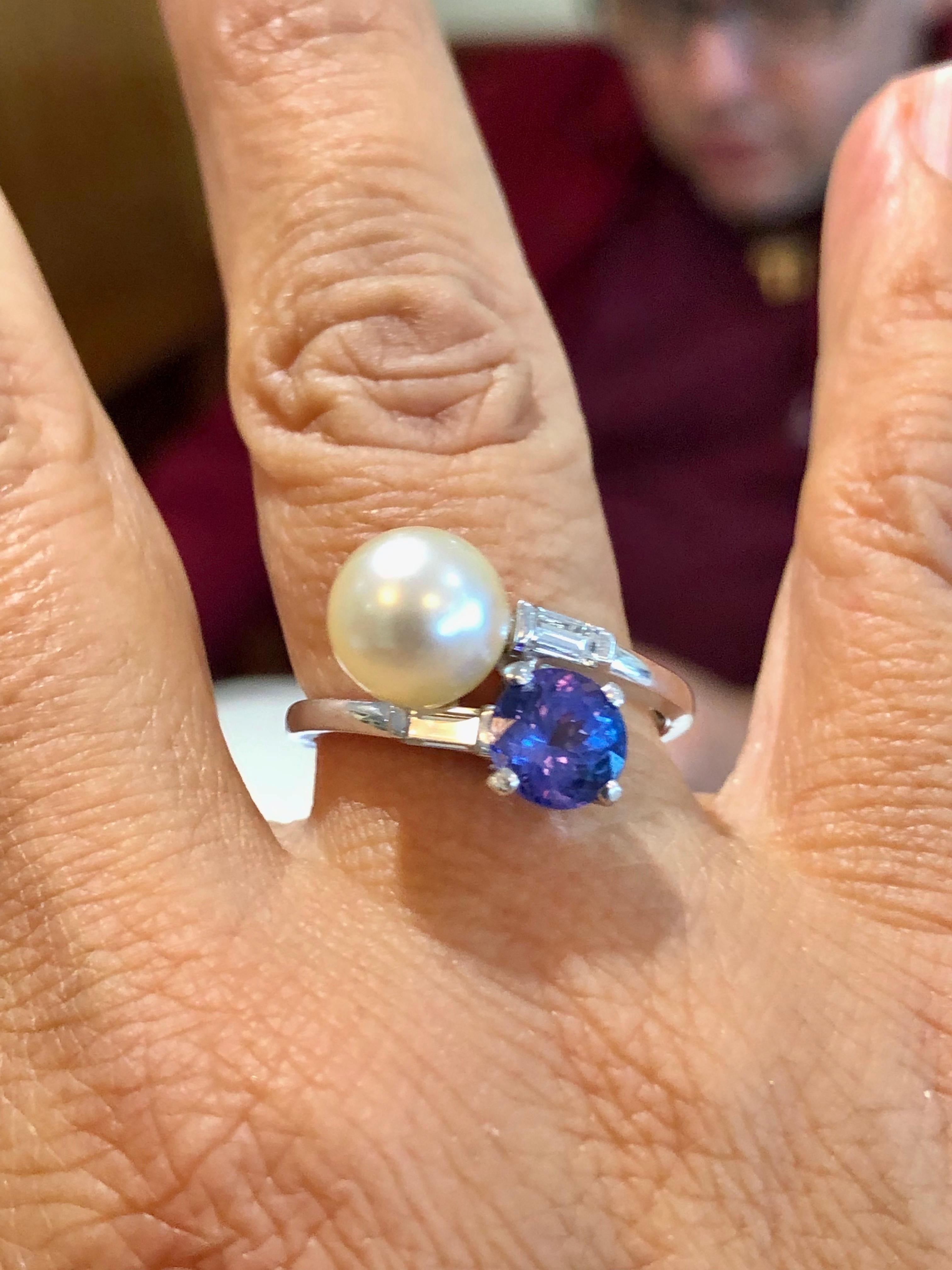 Antique Pearl Tanzanite and Diamond Platinum Ring 3