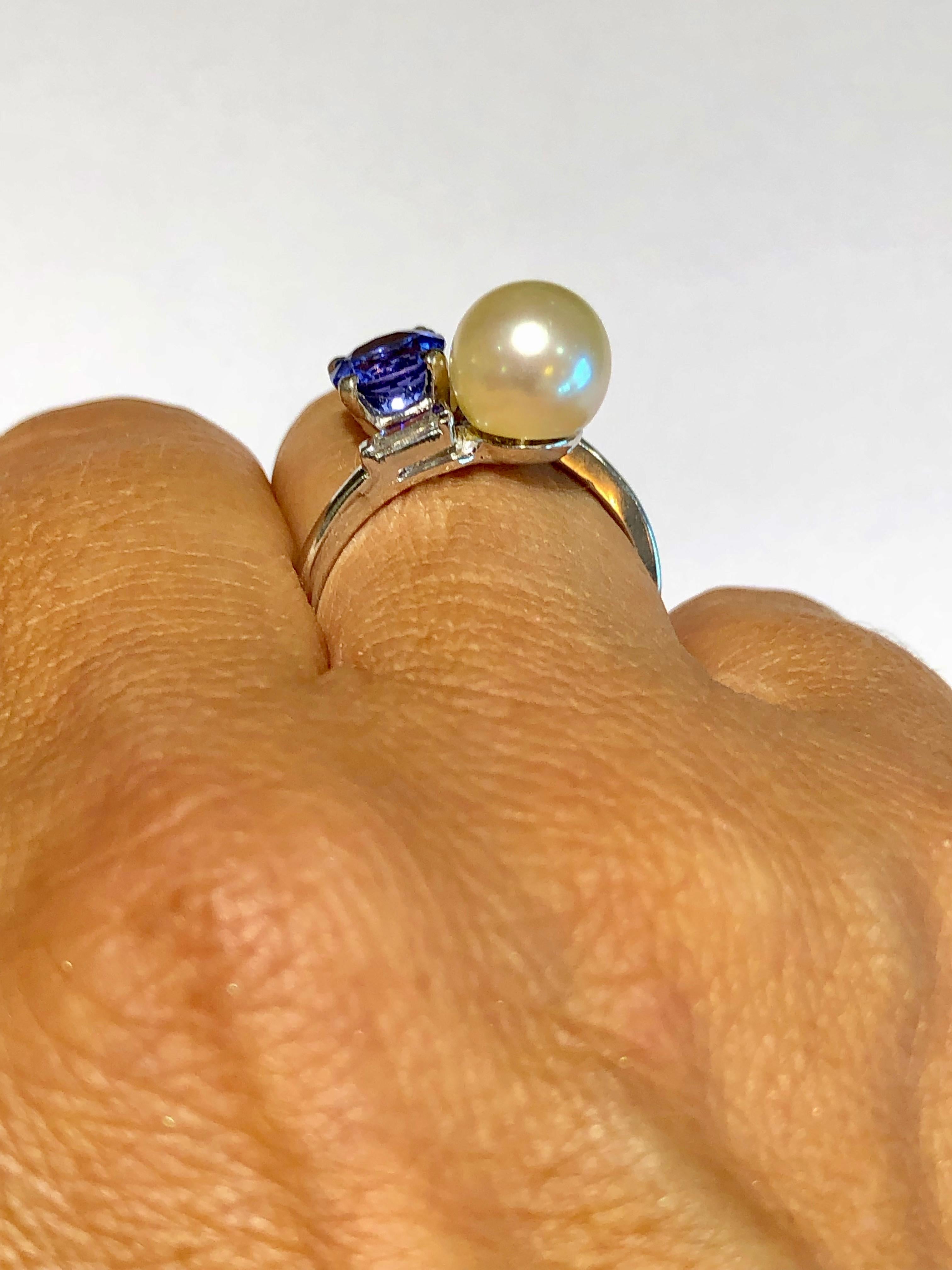 Round Cut Antique Pearl Tanzanite and Diamond Platinum Ring