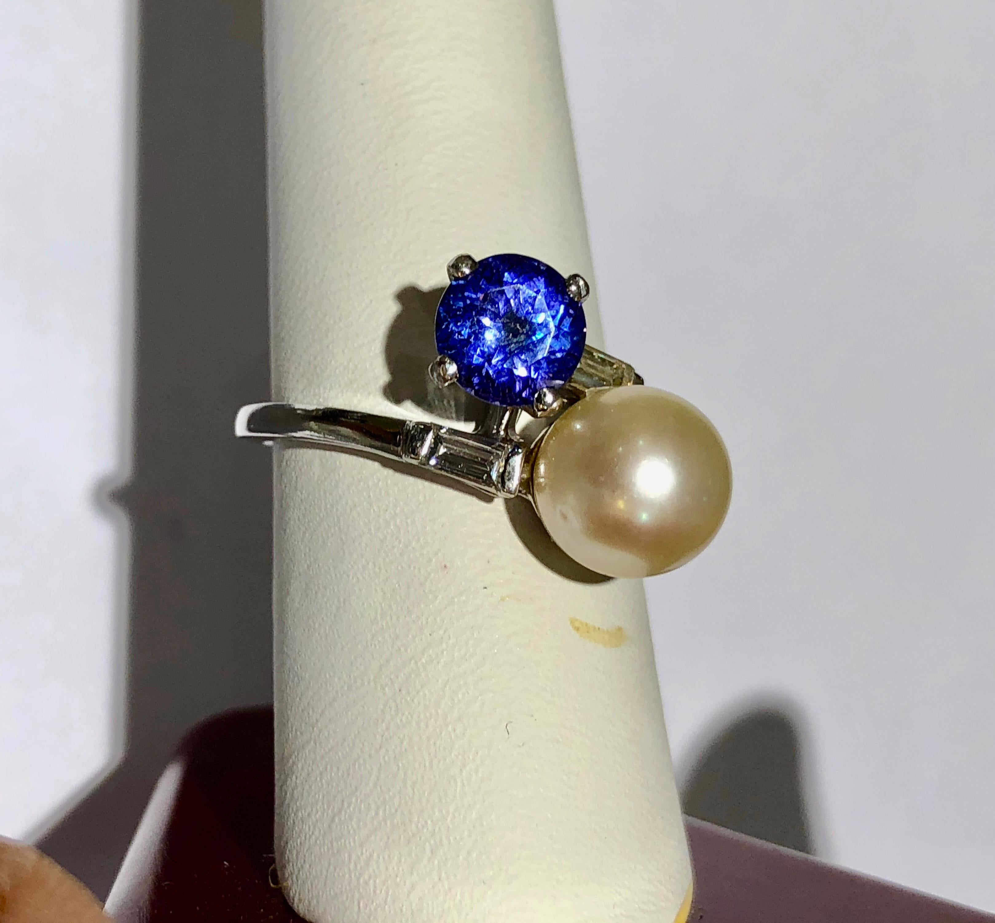 Art Deco Antique Pearl Tanzanite and Diamond Platinum Ring