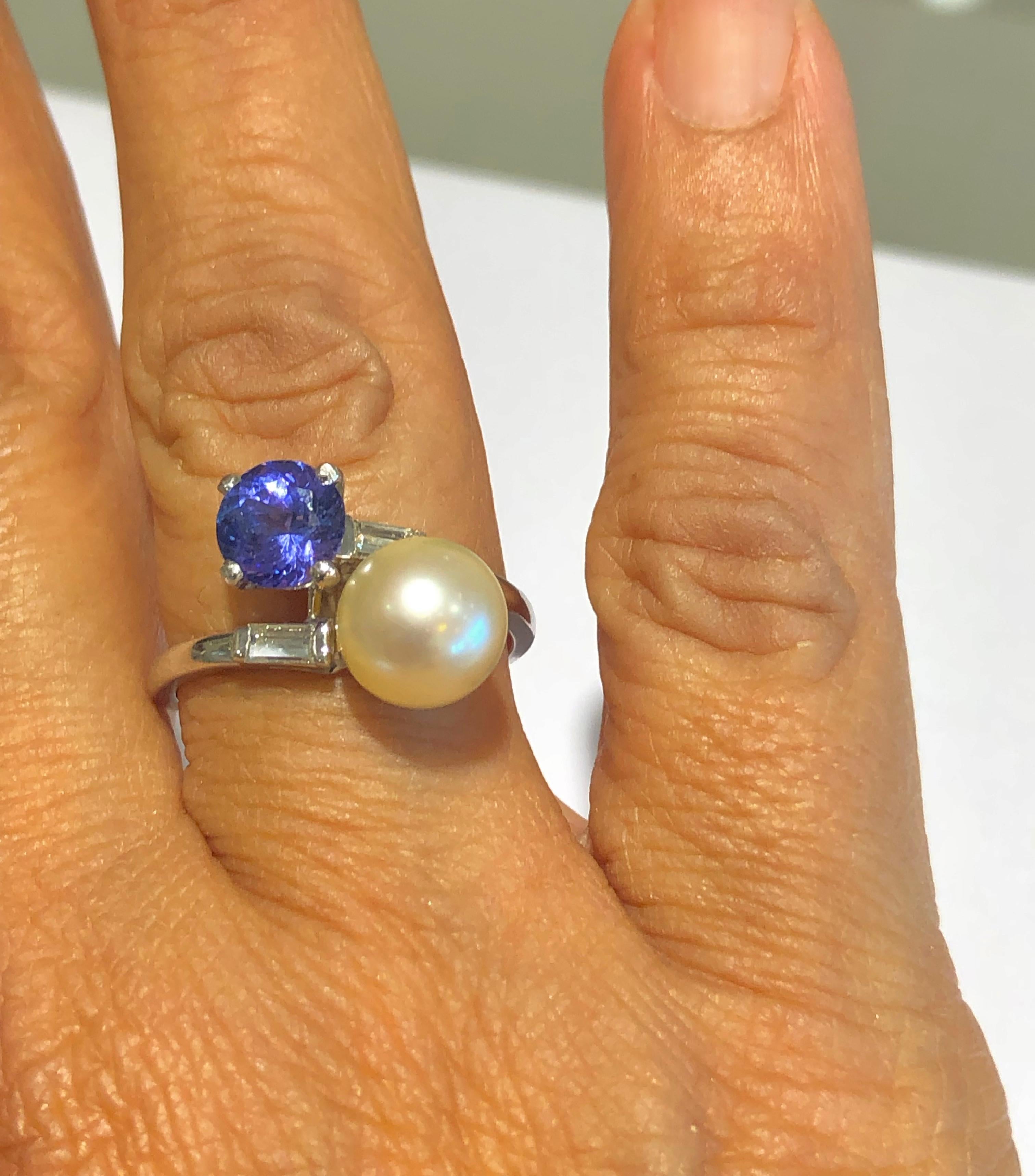 Women's Antique Pearl Tanzanite and Diamond Platinum Ring