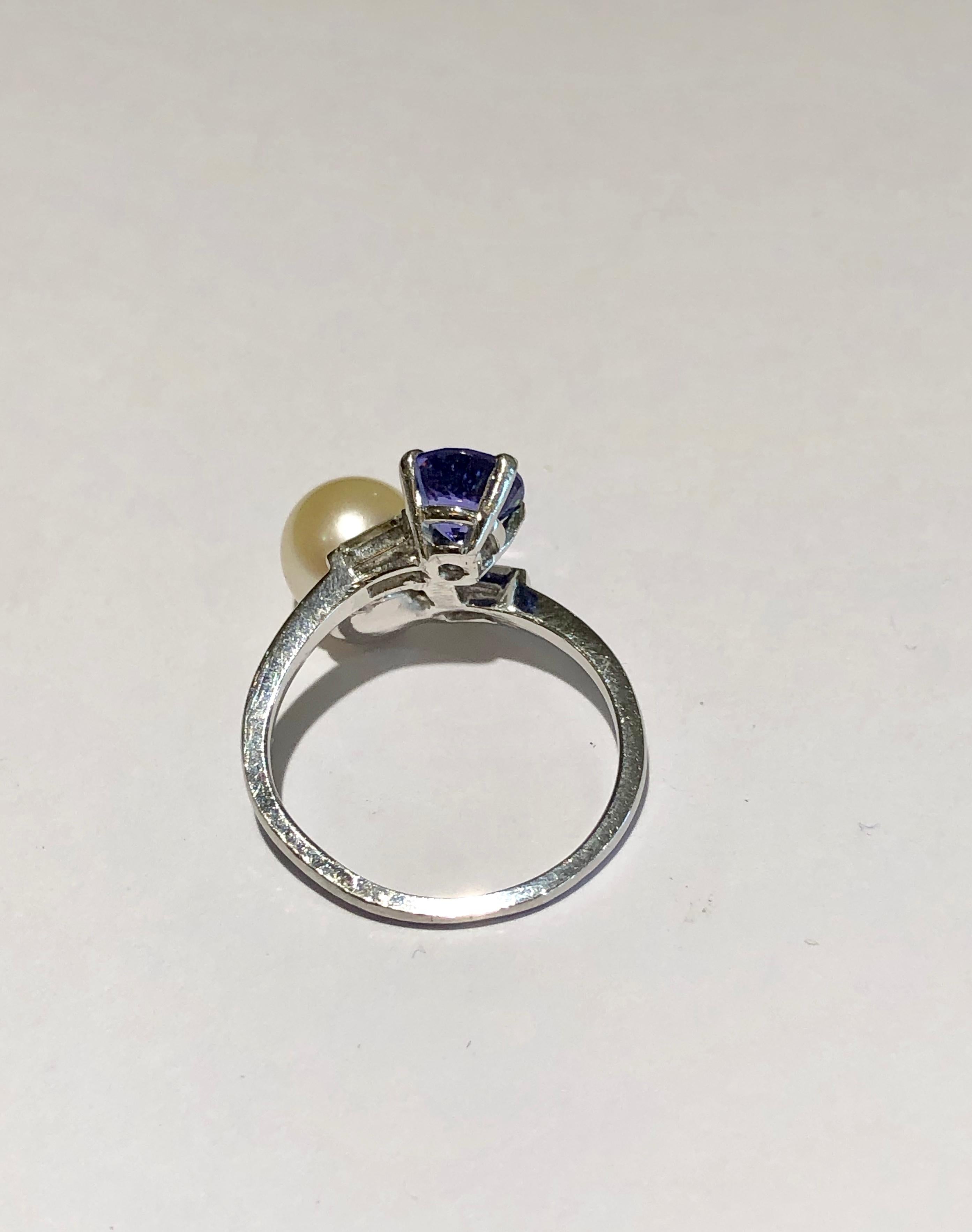 Antique Pearl Tanzanite and Diamond Platinum Ring 1