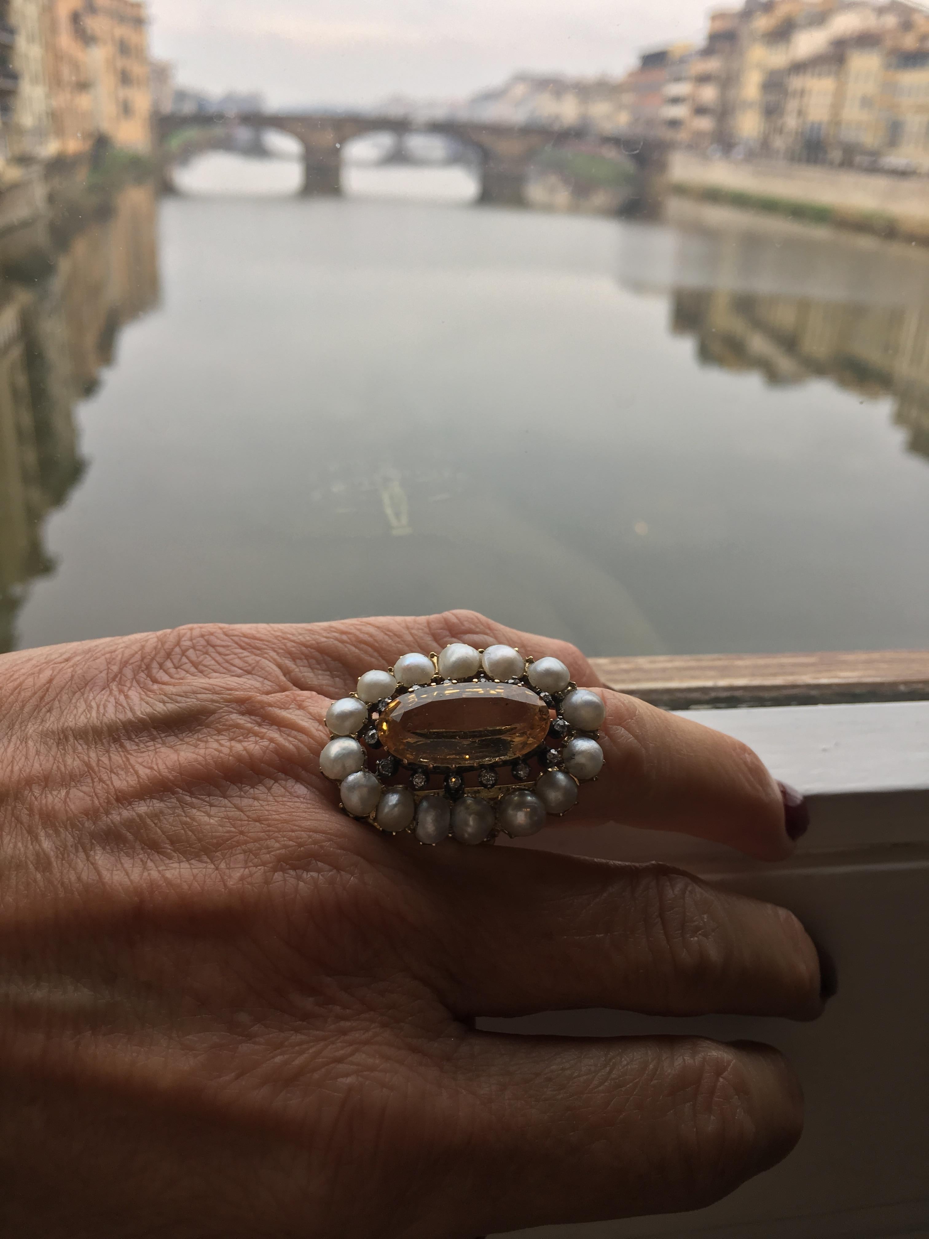Georgian Antique Imperial Topaz Natural Pearl and Diamond Ring 1890's