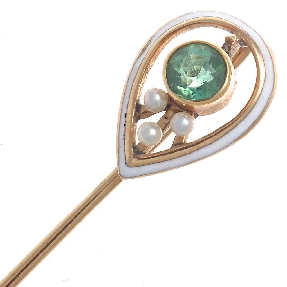 Antique Pearl Tourmaline Gold Pin In Excellent Condition In Beverly Hills, CA