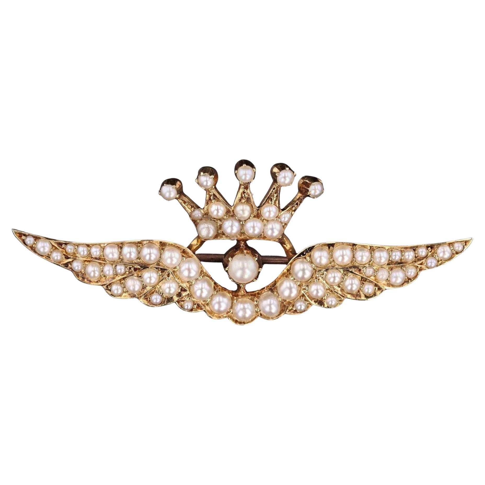 Spilla antica con ali di perle in oro 15ct in vendita