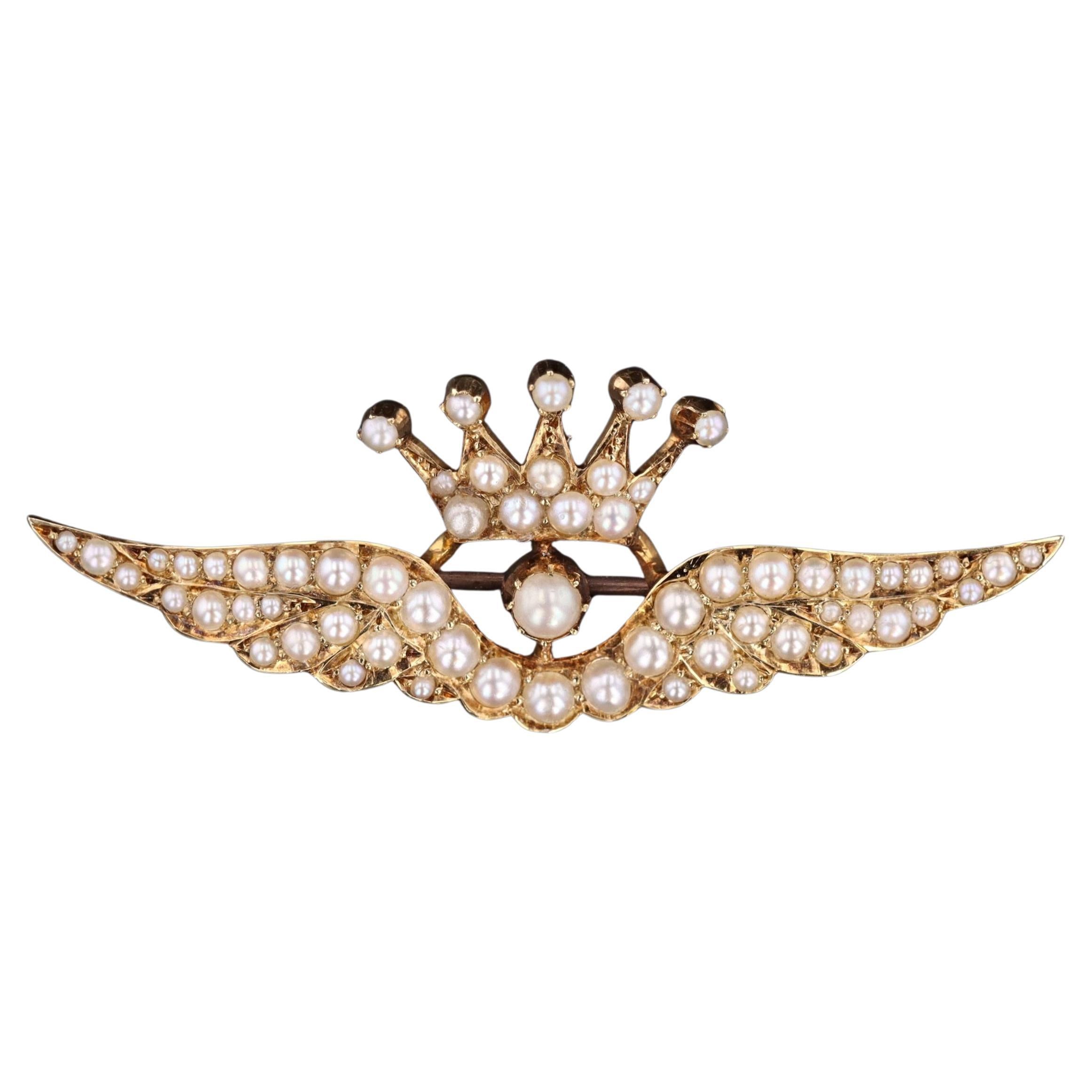 Antique Pearl Wings Brooch of 15ct Gold