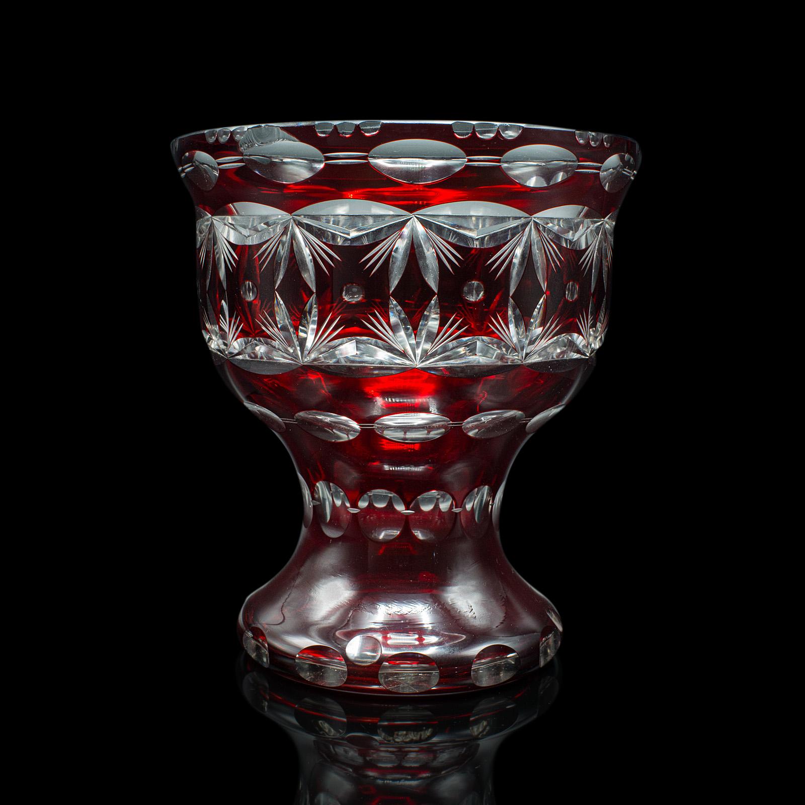 Bohemian Antique Pedestal Bowl, Continental, Red Glass, Decorative Ice Bucket, Circa 1920 For Sale