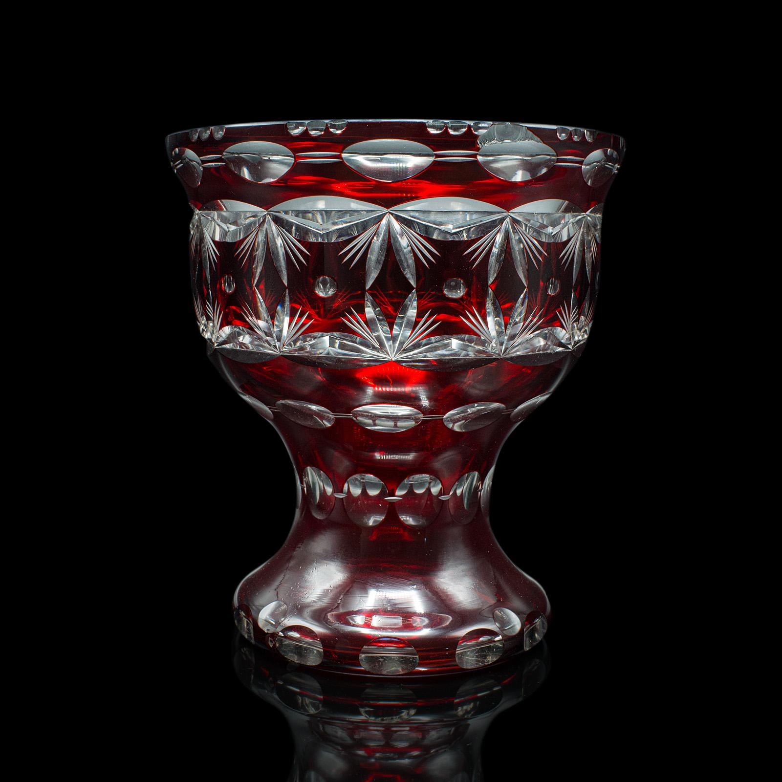 Czech Antique Pedestal Bowl, Continental, Red Glass, Decorative Ice Bucket, Circa 1920 For Sale