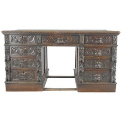 Antique Pedestal, Carved Oak Desk, Scotland, 1880