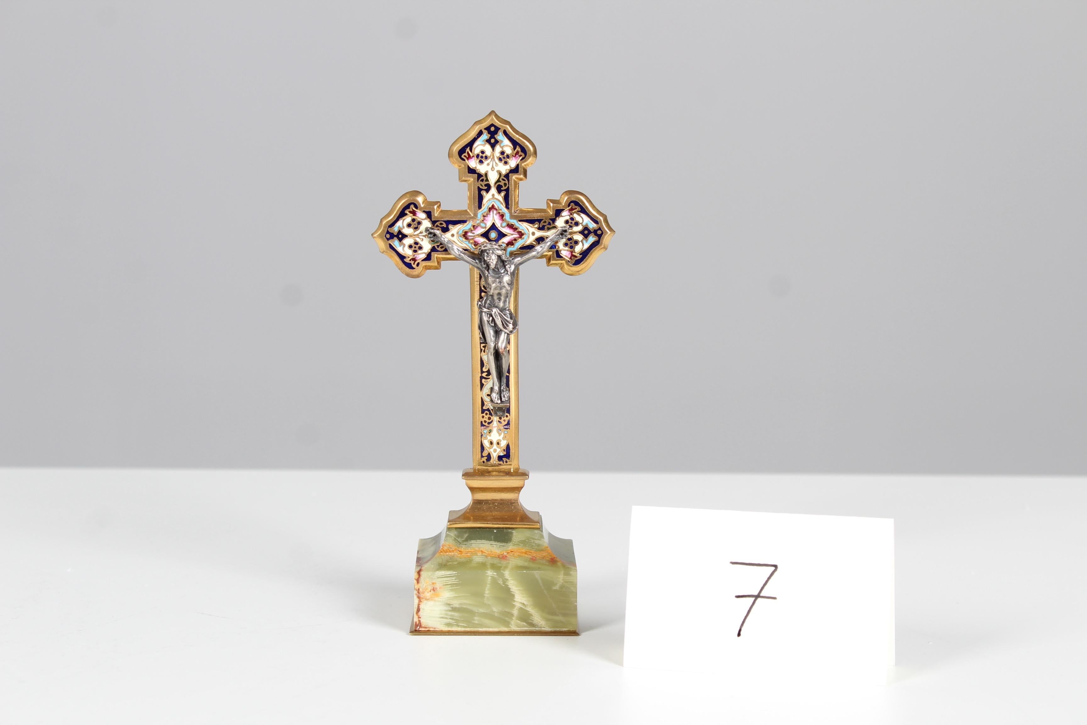 Antique Pedestal Cross, Enameled Brass on Marble Base, Silver Plated ...