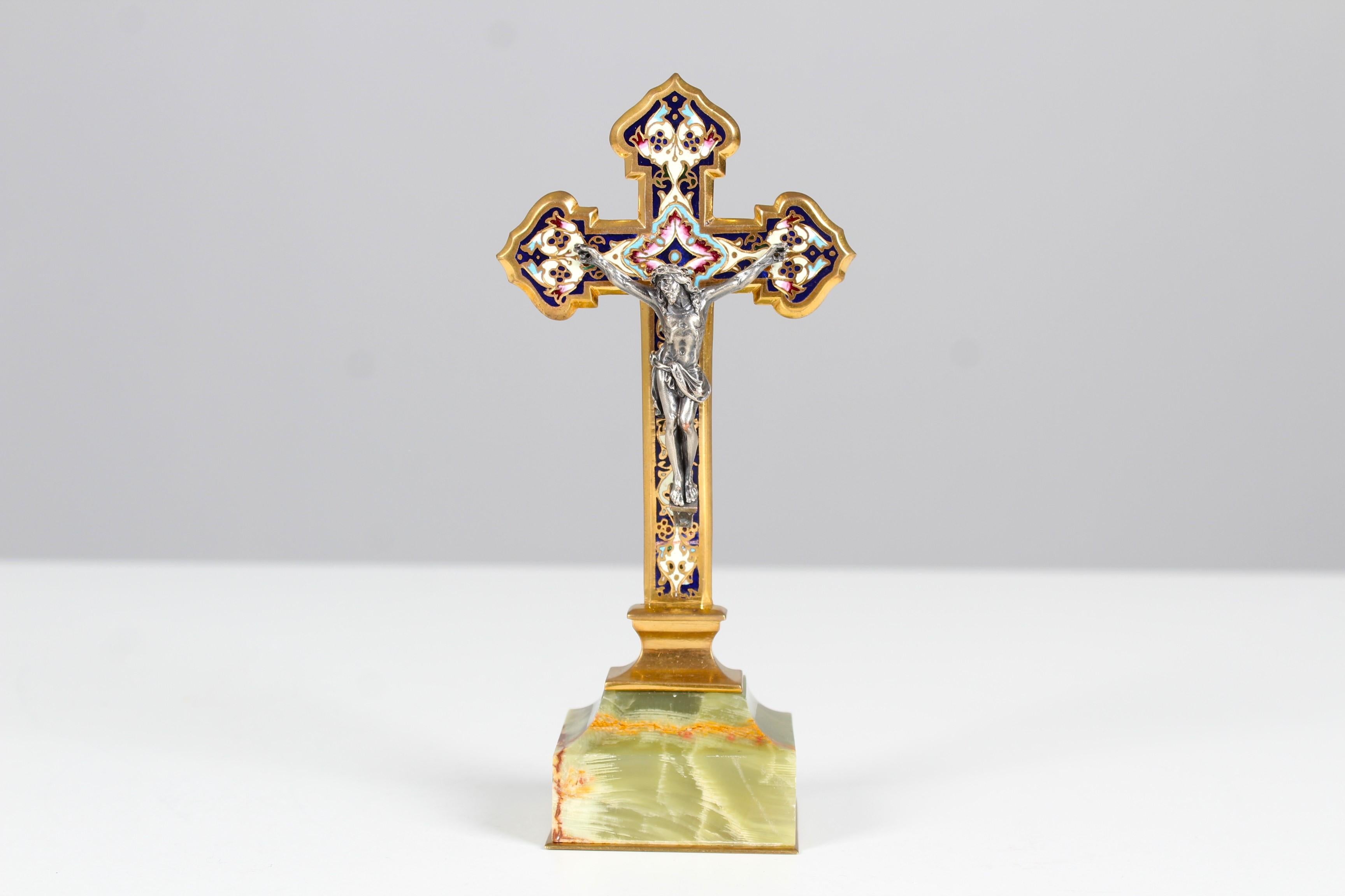 Antique Pedestal Cross, Enameled Brass on Marble Base, Silver Plated ...