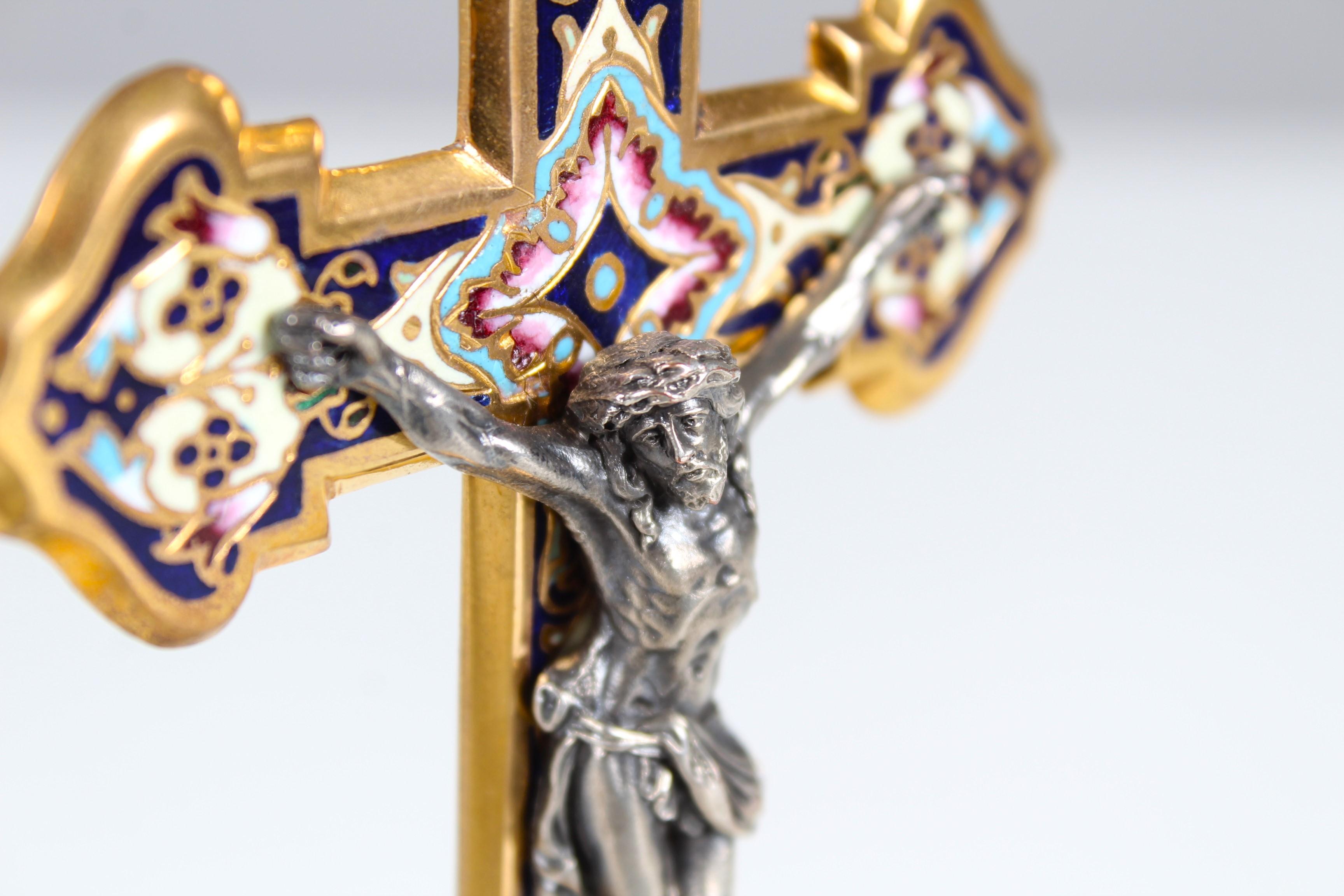 Antique Pedestal Cross, Enameled Brass on Marble Base, Silver Plated ...