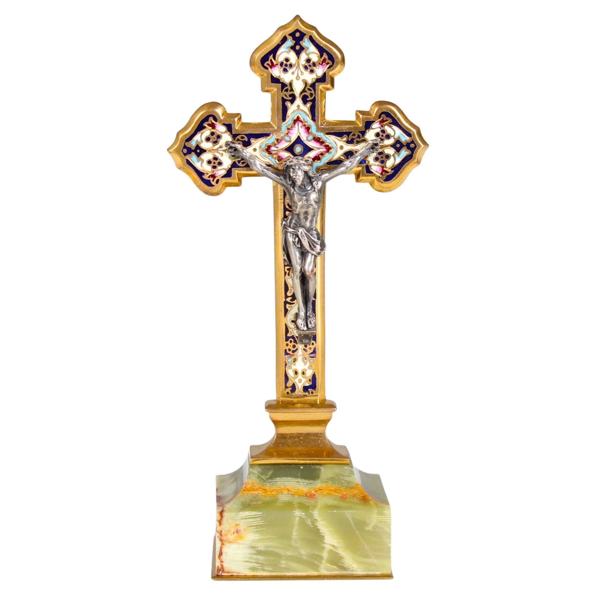 Antique Pedestal Cross, Enameled Brass on Marble Base, Silver Plated Jesus