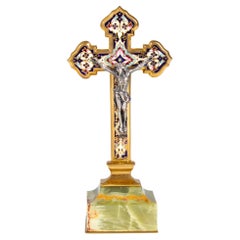 Antique Pedestal Cross, Enameled Brass on Marble Base, Silver Plated Jesus