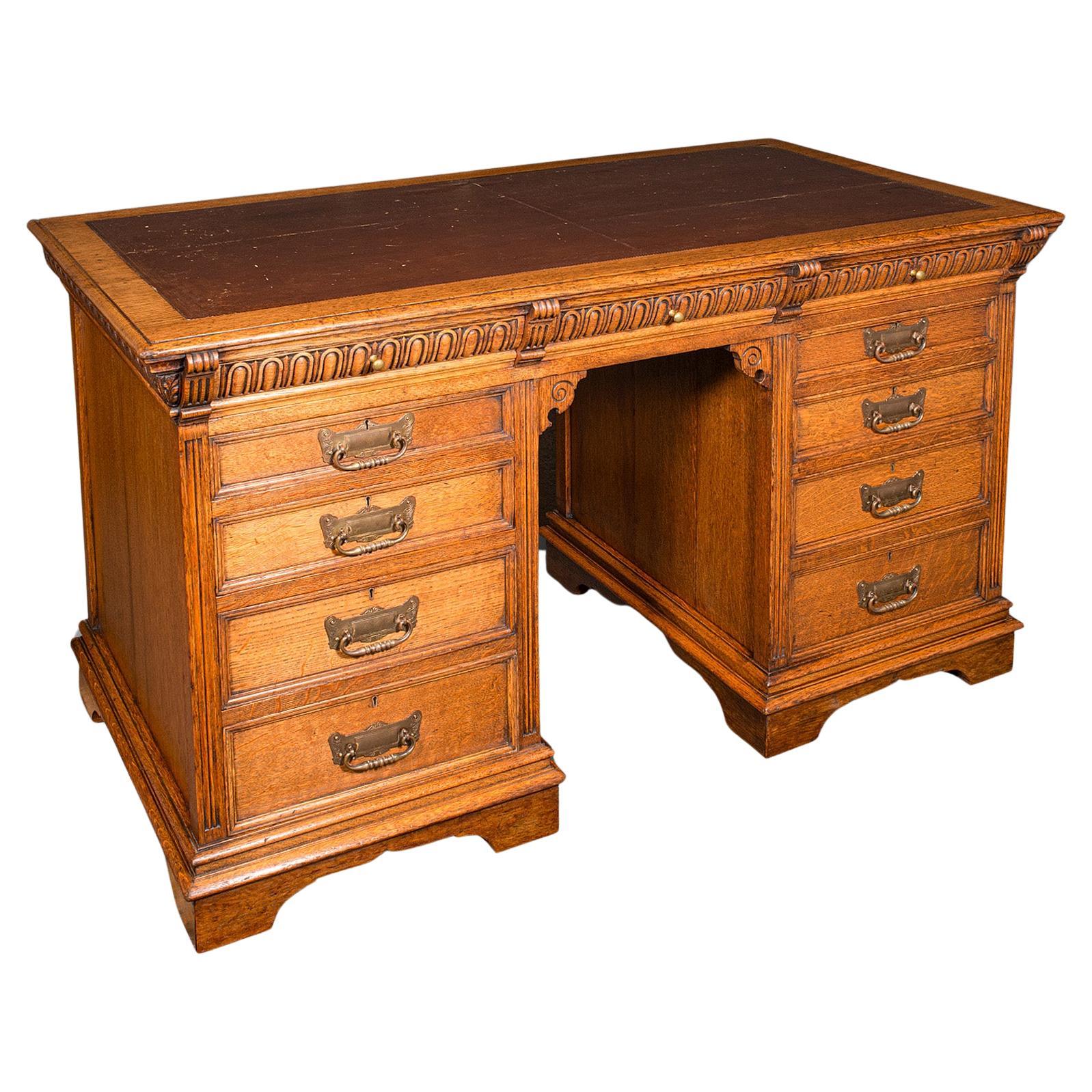Antiguo Escritorio con Pedestal, Inglés, Roble, Cuero, Merryweather & Sons, Finales de la Época Victoriana
