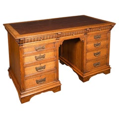 Antiguo Escritorio con Pedestal, Inglés, Roble, Cuero, Merryweather & Sons, Finales de la Época Victoriana