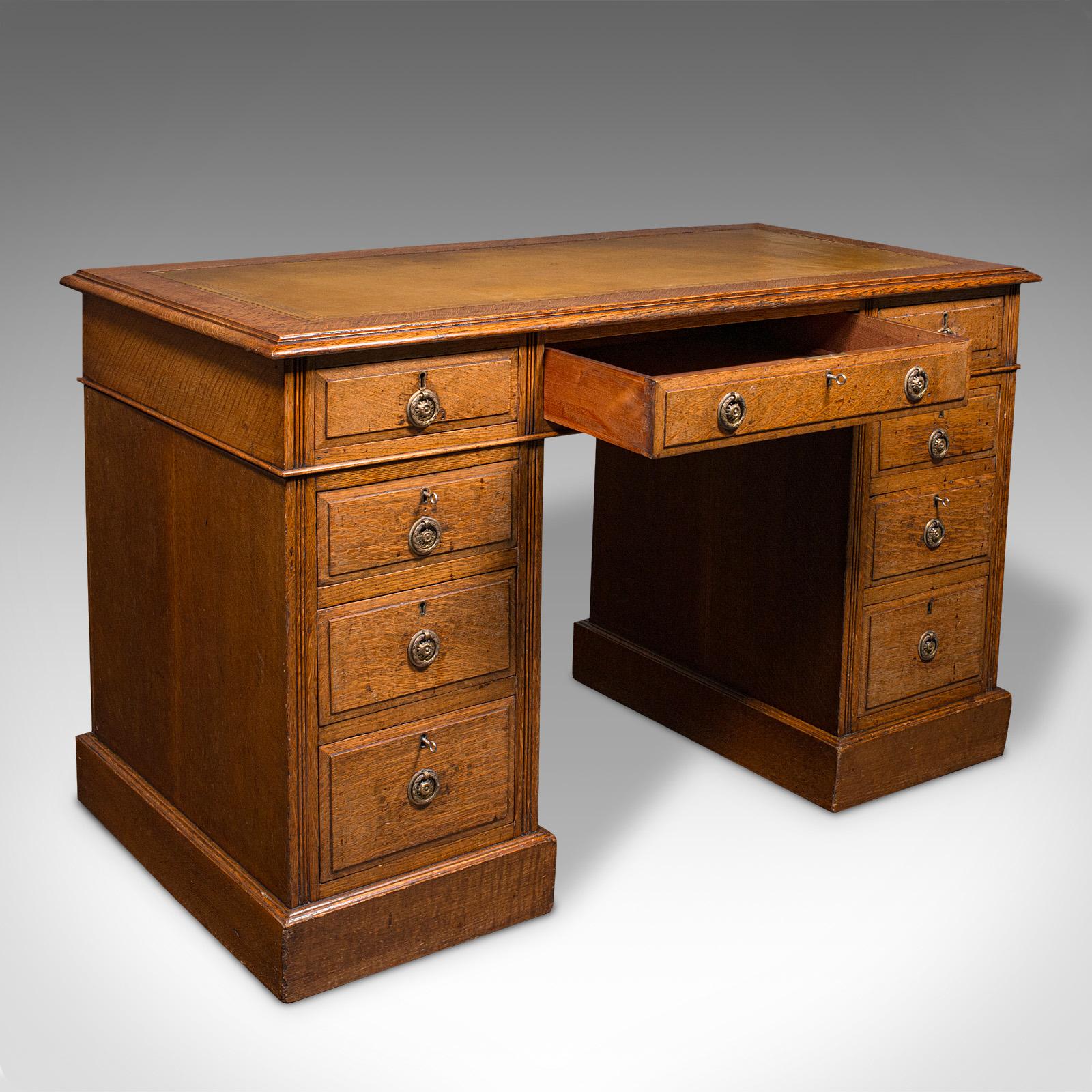 
This is an antique pedestal desk. An English, blonde oak and leather nine drawer clerk's desk, dating to the Edwardian period, circa 1910.

Fine Edwardian example with a delightful presentation and quality craftsmanship
Displays a desirable aged