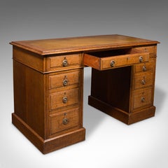 Antique Pedestal Desk, English, Oak, Leather, Nine Drawer, Edwardian, Circa 1910