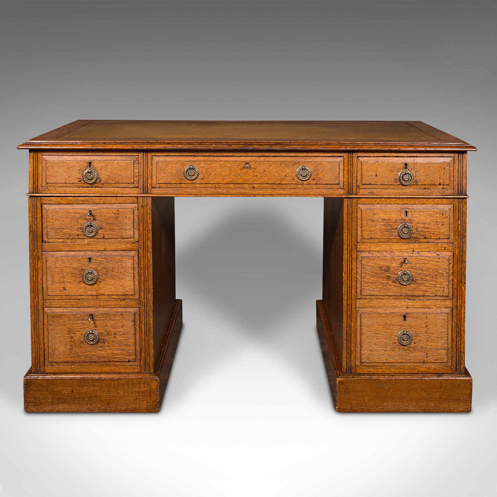 British Antique Pedestal Desk, English, Oak, Leather, Nine Drawer, Edwardian, Circa 1910
