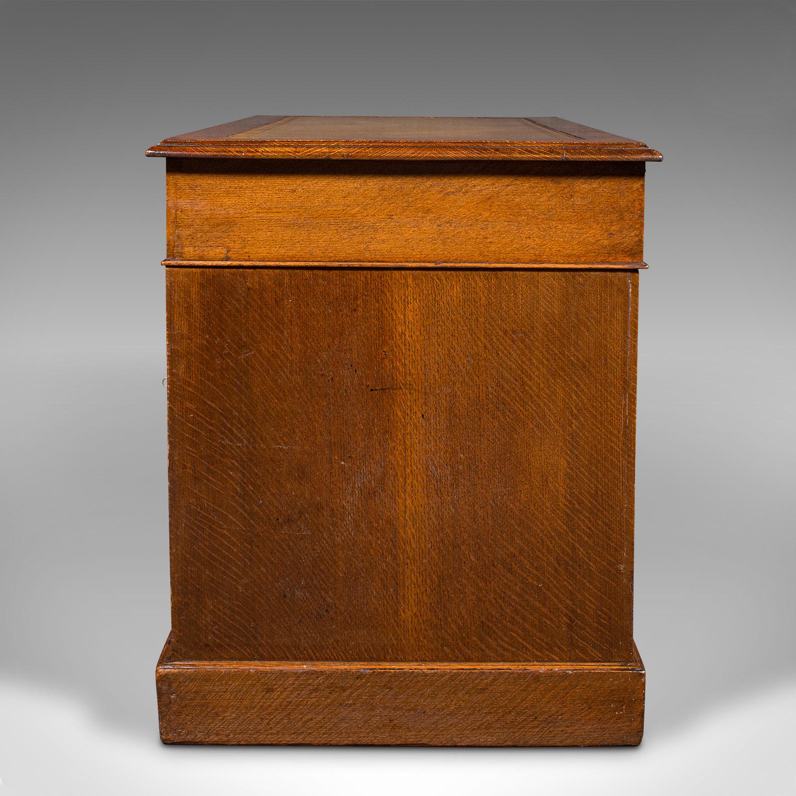 20th Century Antique Pedestal Desk, English, Oak, Leather, Nine Drawer, Edwardian, Circa 1910