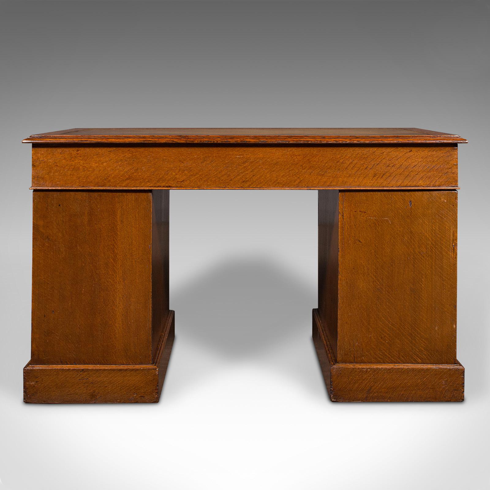 Antique Pedestal Desk, English, Oak, Leather, Nine Drawer, Edwardian, Circa 1910 1