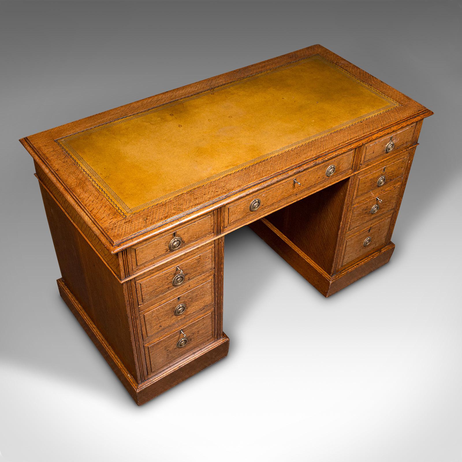 Antique Pedestal Desk, English, Oak, Leather, Nine Drawer, Edwardian, Circa 1910 2