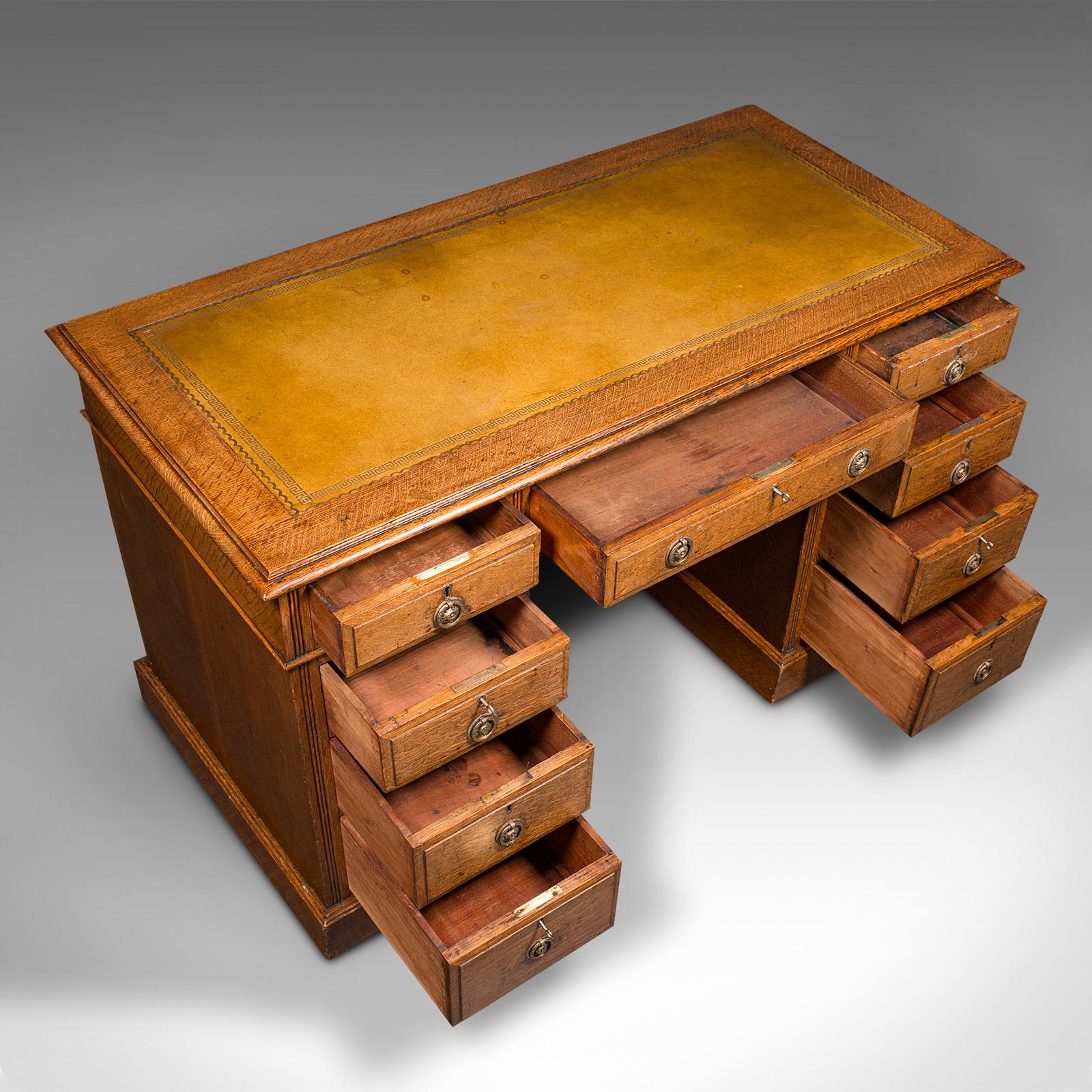 Antique Pedestal Desk, English, Oak, Leather, Nine Drawer, Edwardian, Circa 1910 3