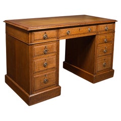 Antique Pedestal Desk, English, Oak, Leather, Nine Drawer, Edwardian, Circa 1910