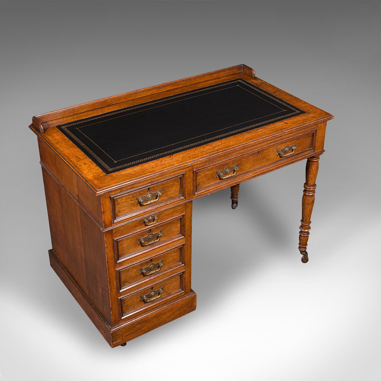 Antique Pedestal Desk, English, Oak, Leather, Writing Table, Victorian, C.1880 1