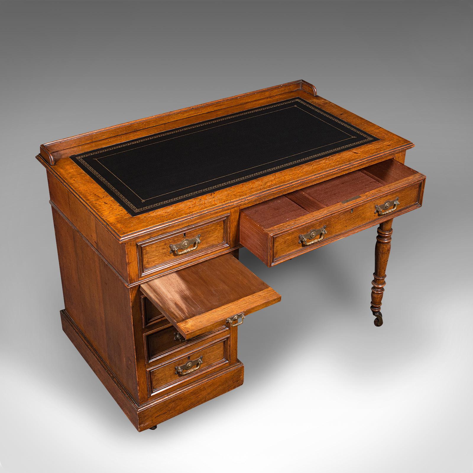 Antique Pedestal Desk, English, Oak, Leather, Writing Table, Victorian, C.1880 2