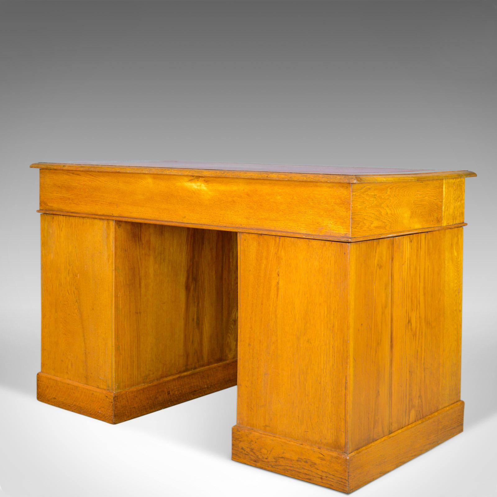 Late Victorian Antique Pedestal Desk, English, Victorian, Golden Oak, Single, Leather