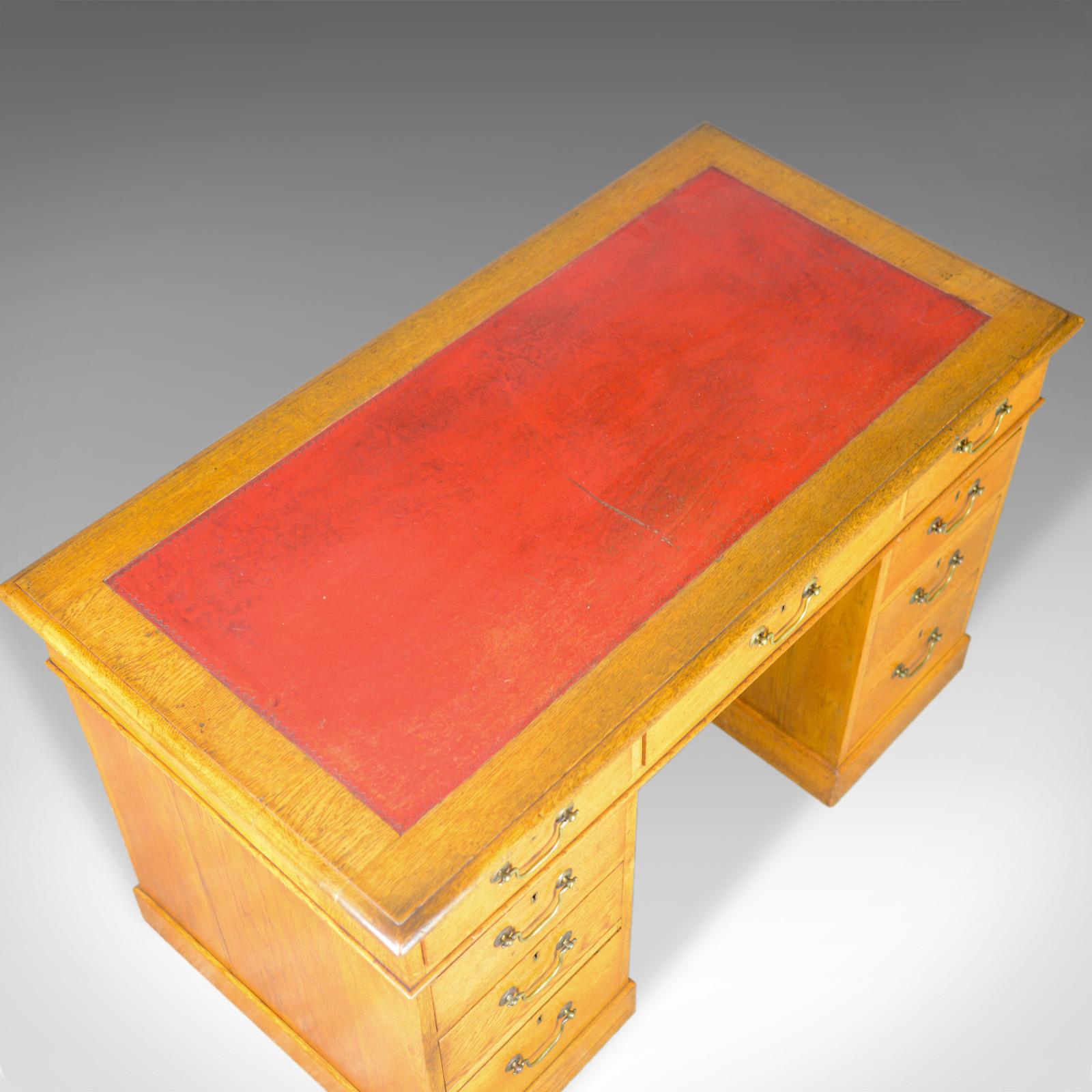 Antique Pedestal Desk, English, Victorian, Golden Oak, Single, Leather In Good Condition In Hele, Devon, GB