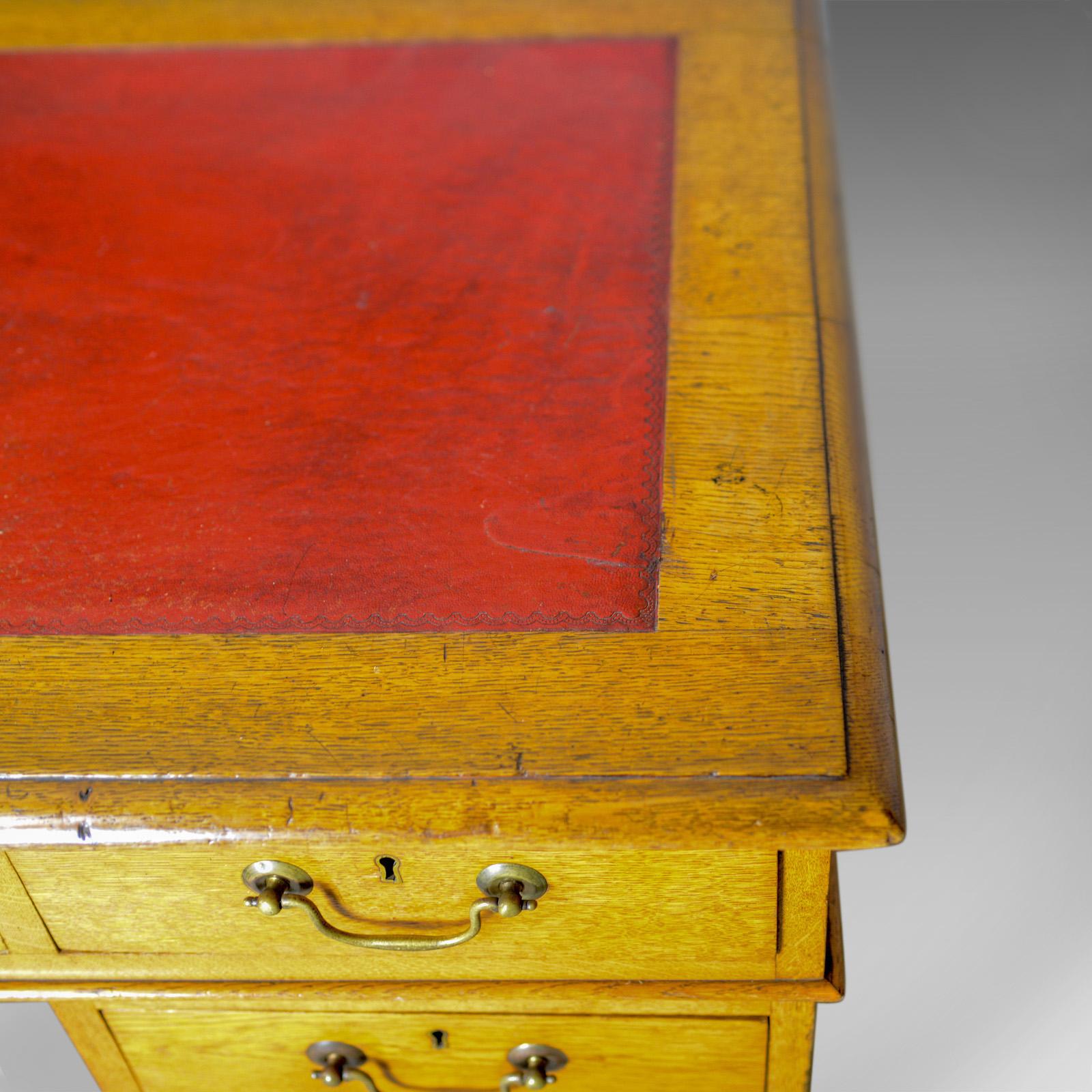 19th Century Antique Pedestal Desk, English, Victorian, Golden Oak, Single, Leather
