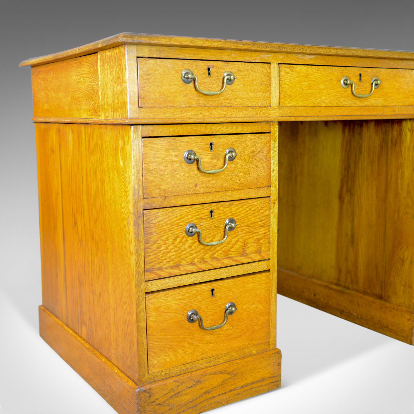 Antique Pedestal Desk, English, Victorian, Golden Oak, Single, Leather 1