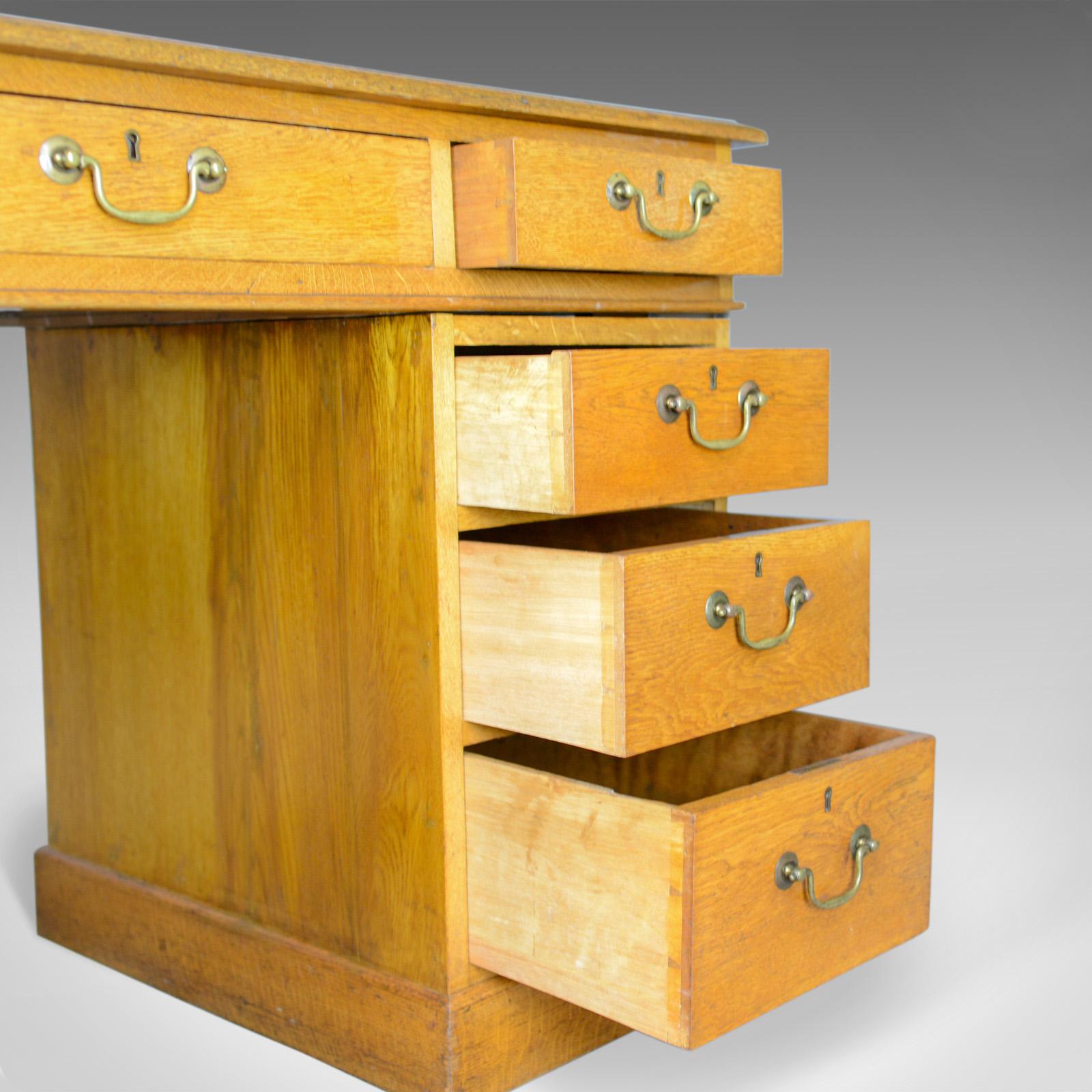 Antique Pedestal Desk, English, Victorian, Golden Oak, Single, Leather 3