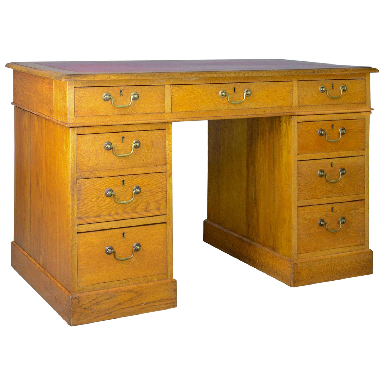Antique Pedestal Desk, English, Victorian, Golden Oak, Single, Leather