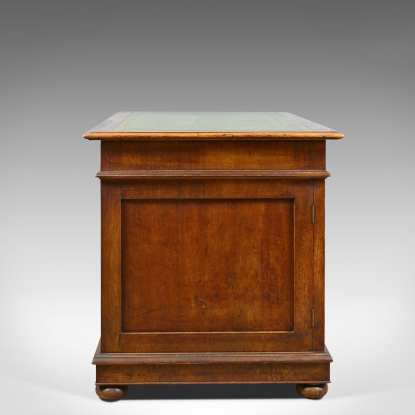 Victorian Antique Pedestal Desk, French, 19th Century, Walnut, Leather Top, circa 1880