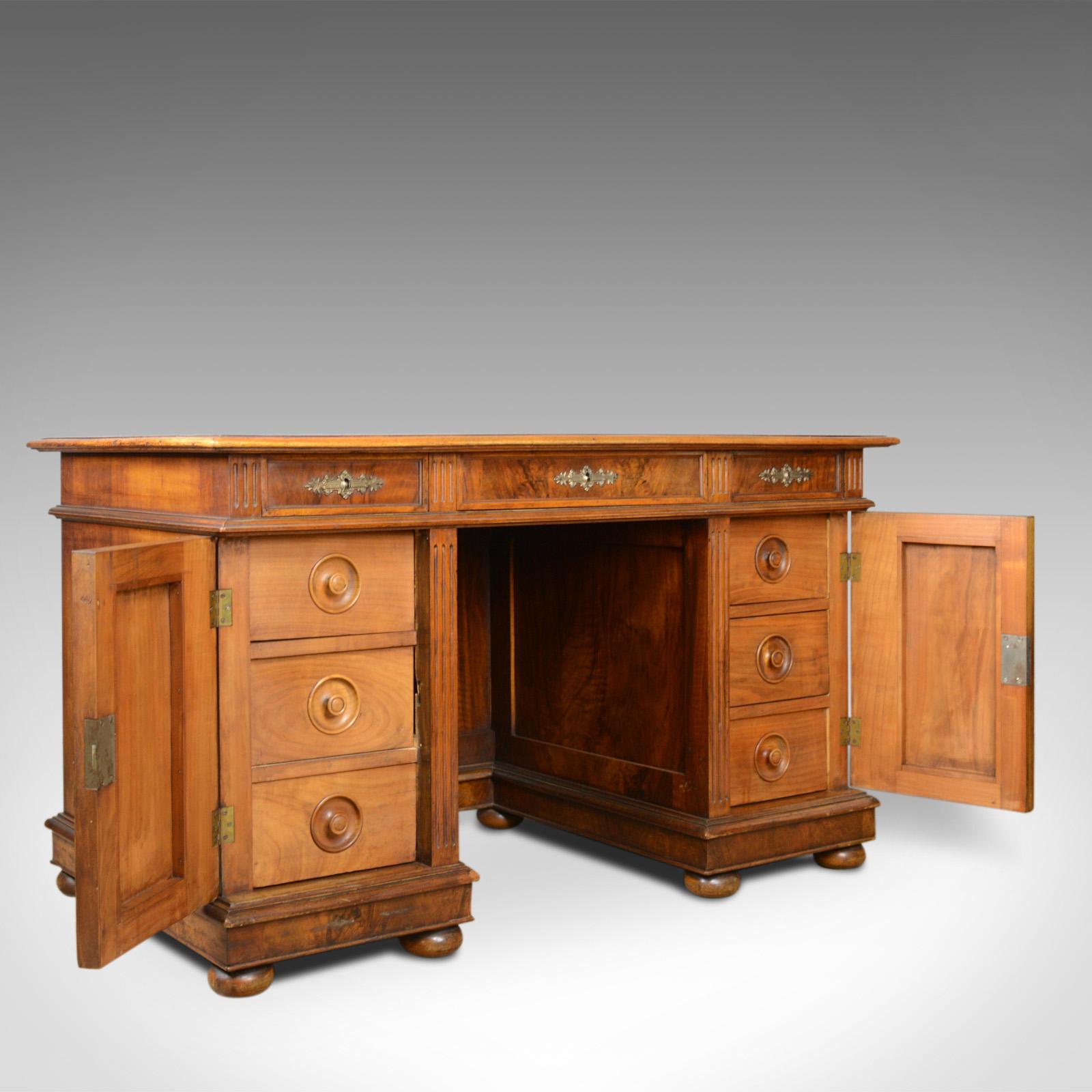 Antique Pedestal Desk, French, 19th Century, Walnut, Leather Top, circa 1880 1
