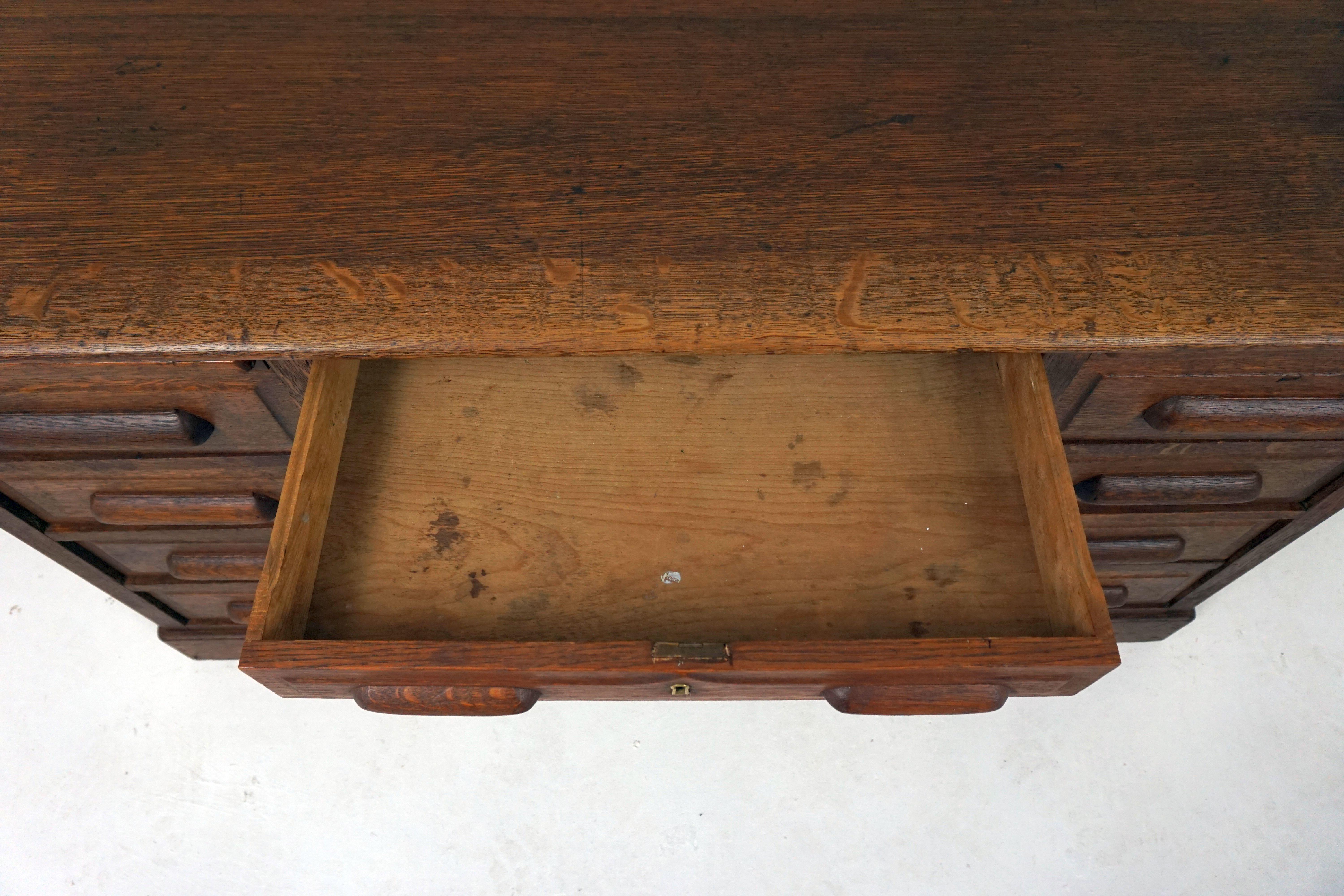 Antique Pedestal Desk, Tiger Oak Raised Panel Flat Top Desk, America 1920, B2021 1