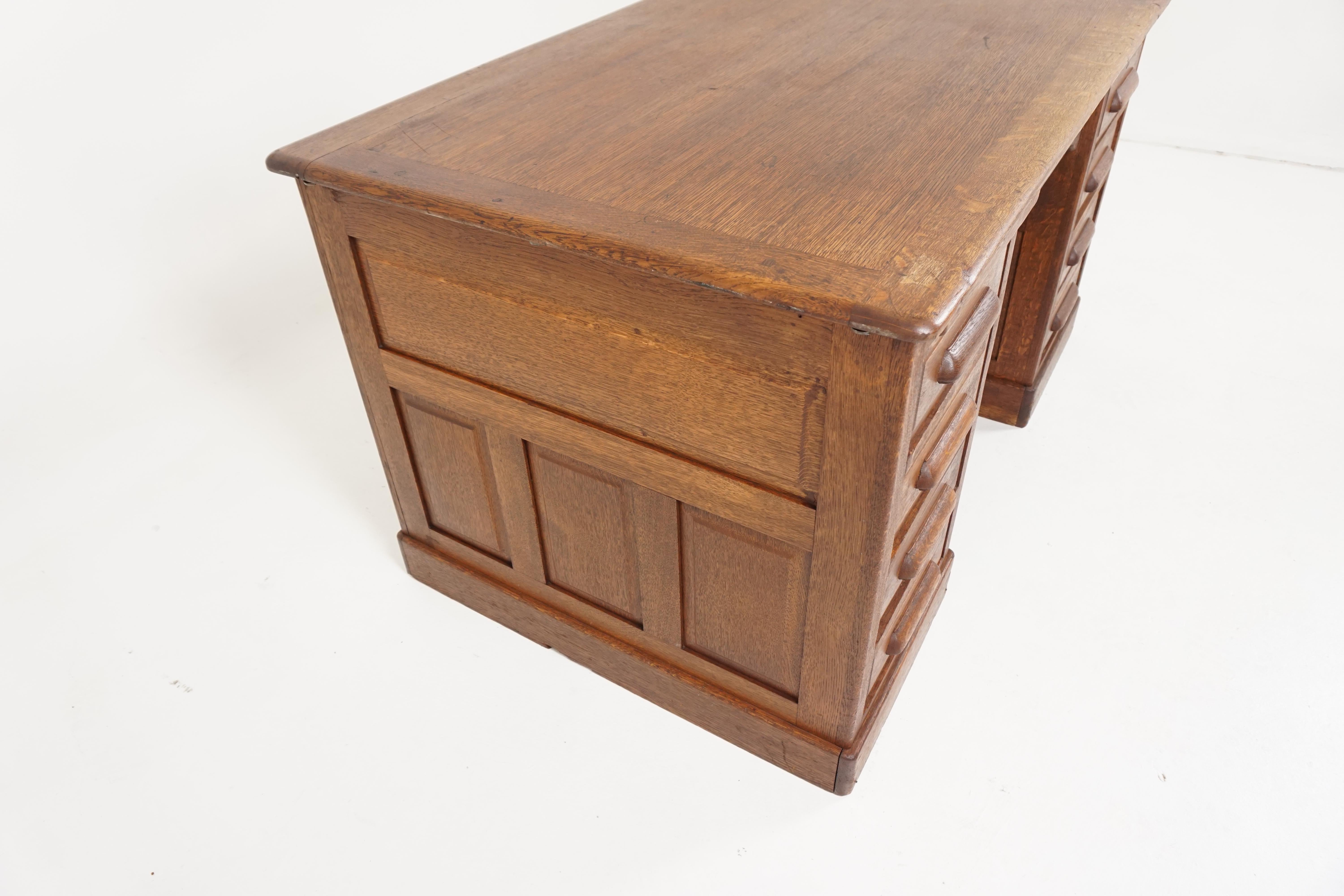 Hand-Crafted Antique Pedestal Desk, Tiger Oak Raised Panel Flat Top Desk, America 1920, B2021