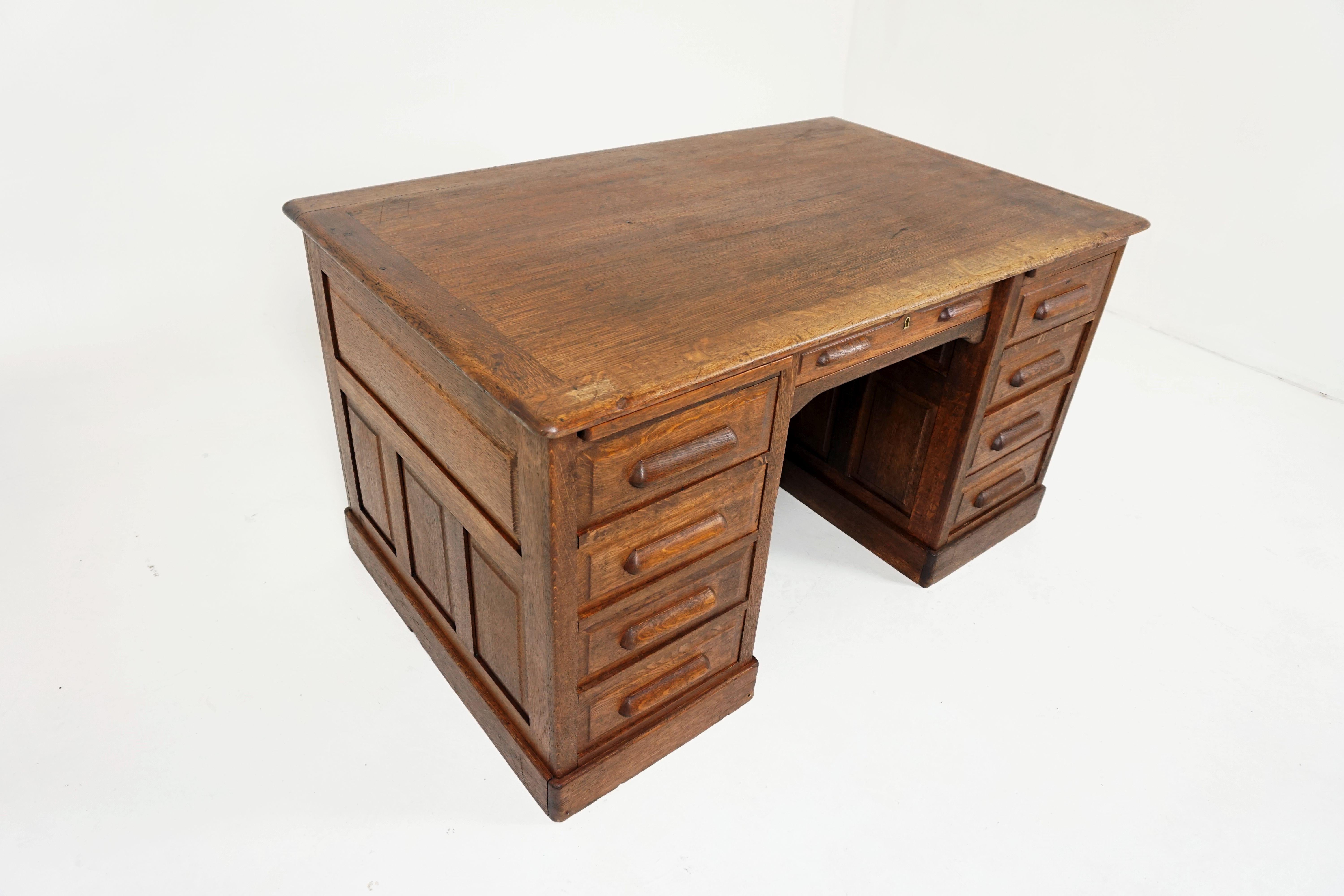 Antique Pedestal Desk, Tiger Oak Raised Panel Flat Top Desk, America 1920, B2021 In Good Condition In Vancouver, BC