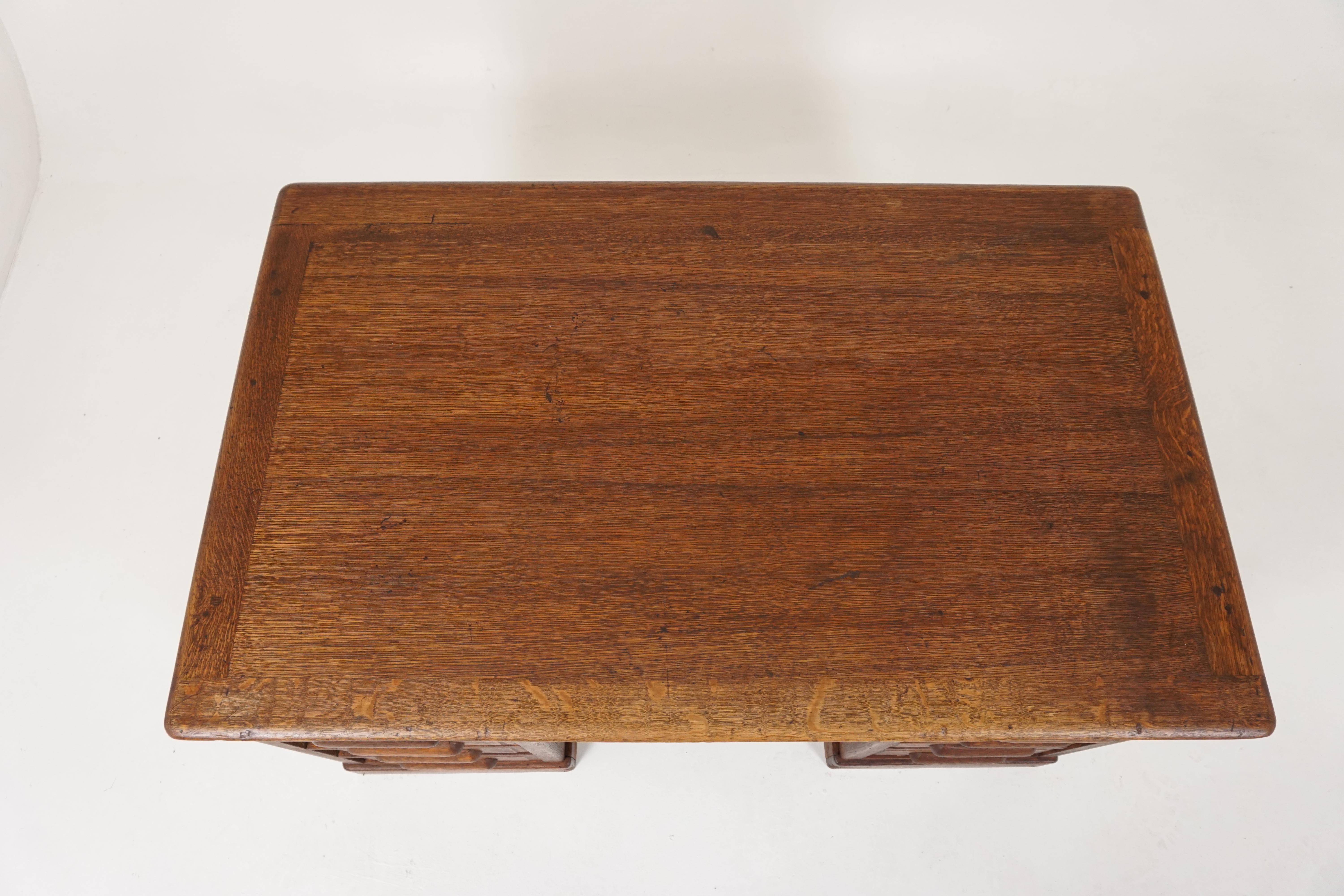 Early 20th Century Antique Pedestal Desk, Tiger Oak Raised Panel Flat Top Desk, America 1920, B2021