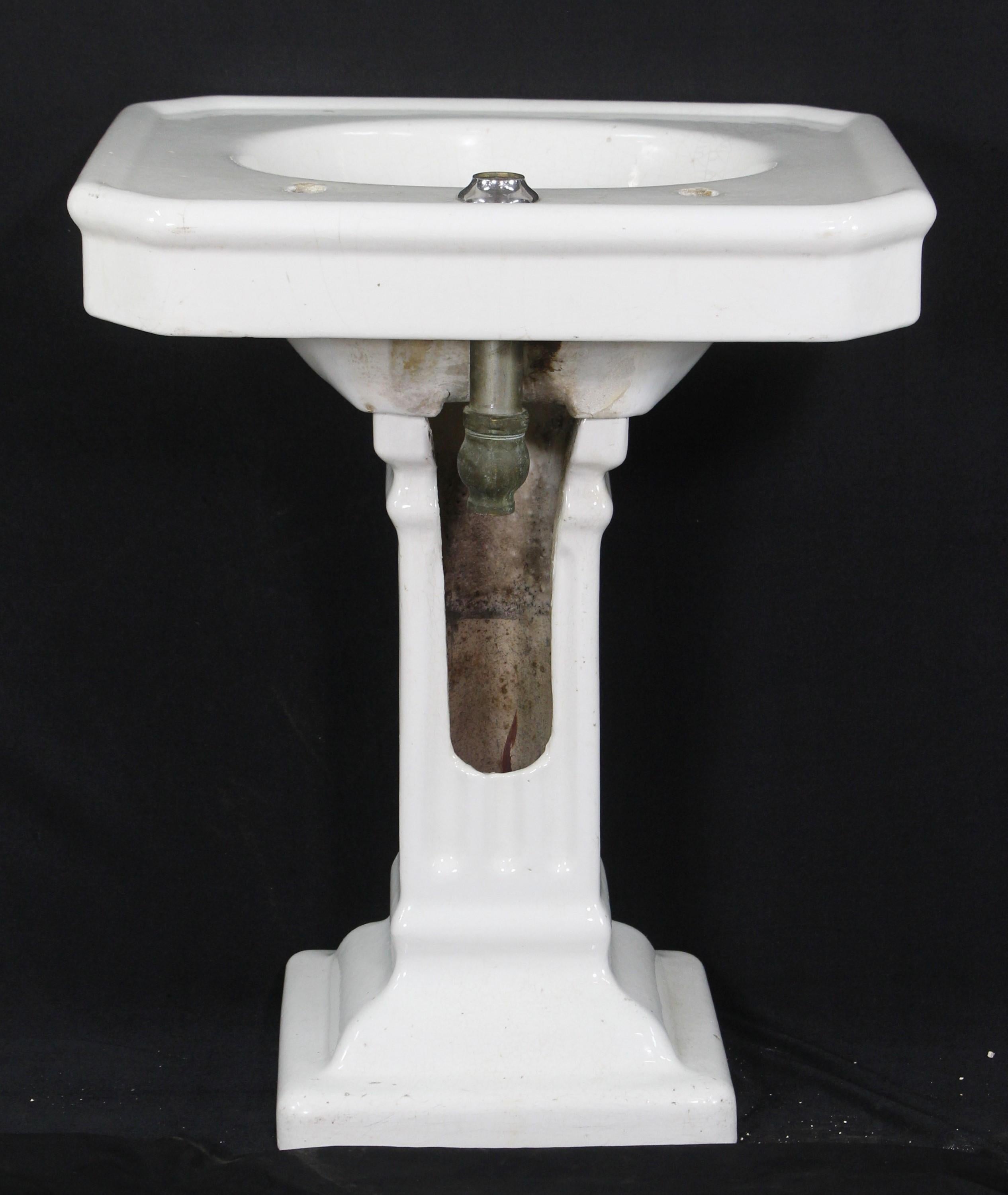 Antique Pedestal Sink in Earthenware with White Porcelain Glaze, Fluted Base 3