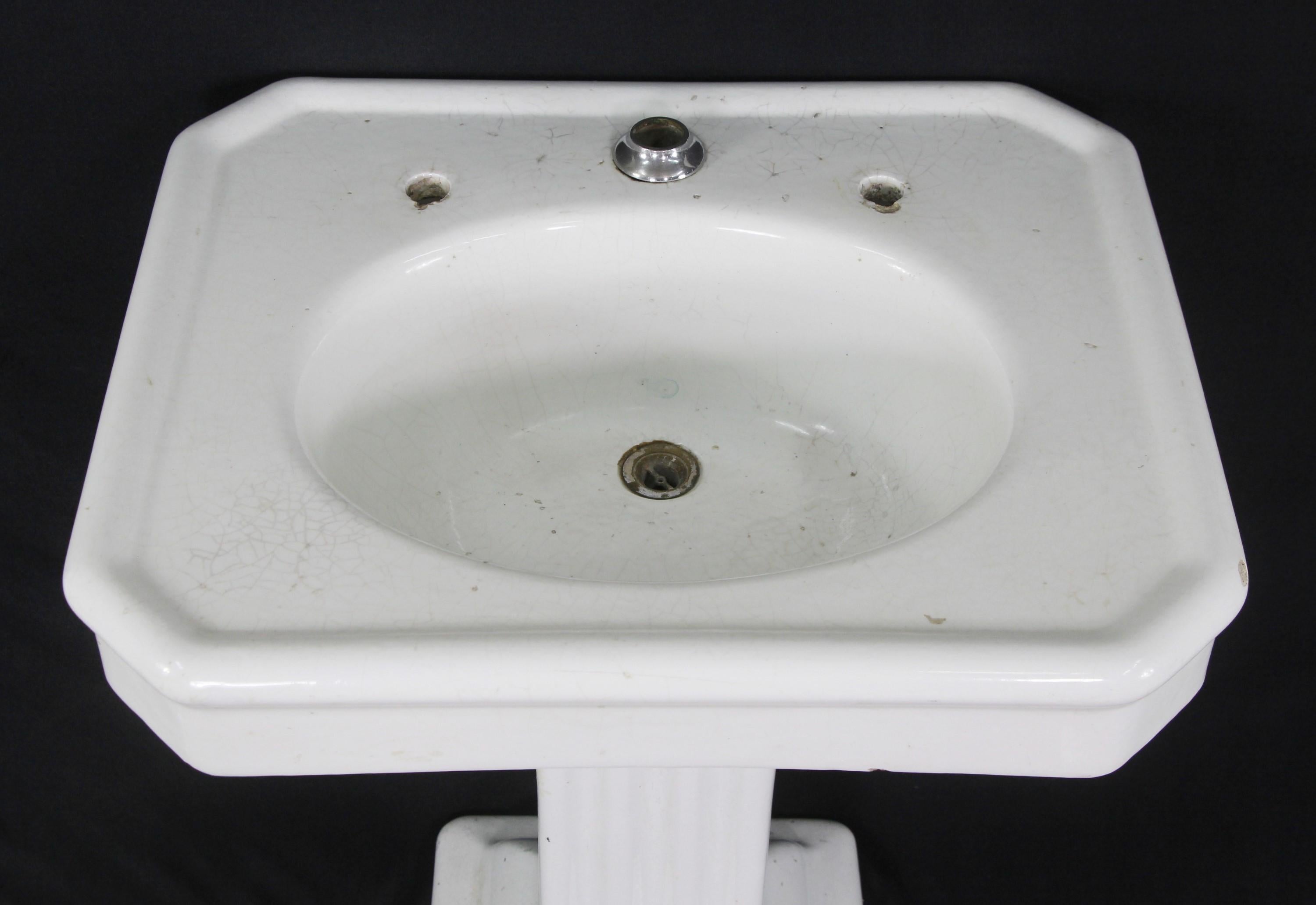 Victorian Antique Pedestal Sink in Earthenware with White Porcelain Glaze, Fluted Base