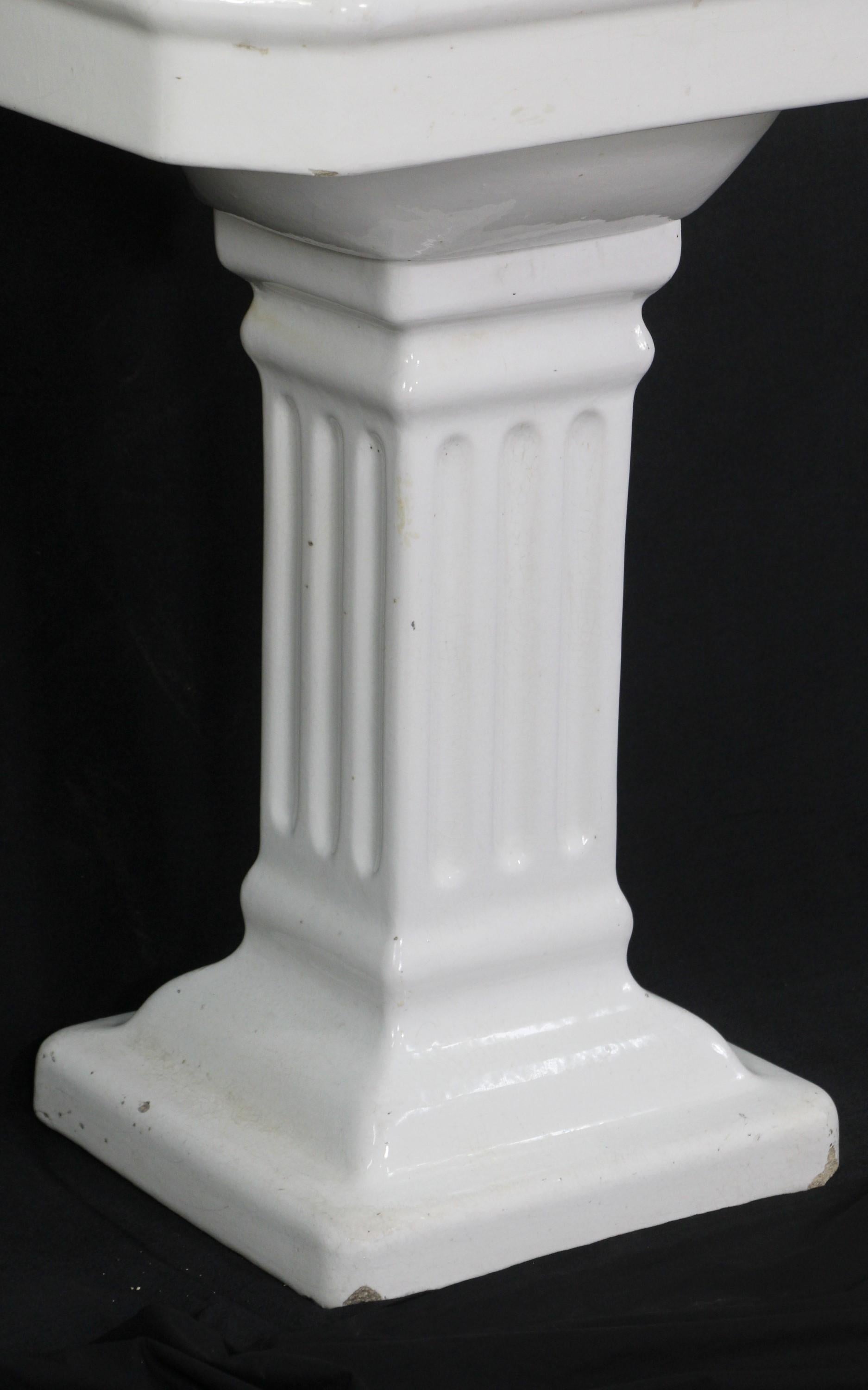 20th Century Antique Pedestal Sink in Earthenware with White Porcelain Glaze, Fluted Base