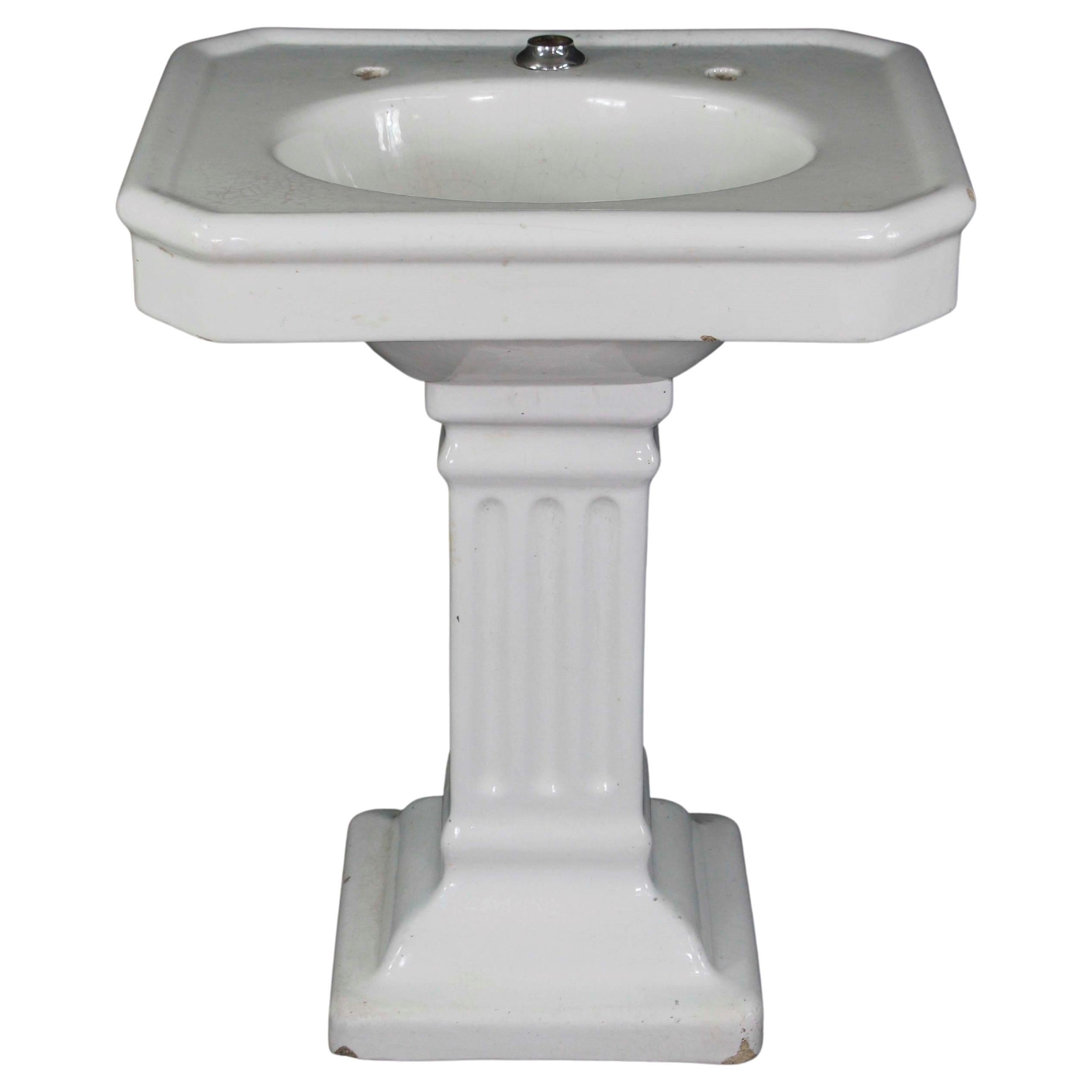 Antique Pedestal Sink in Earthenware with White Porcelain Glaze, Fluted Base