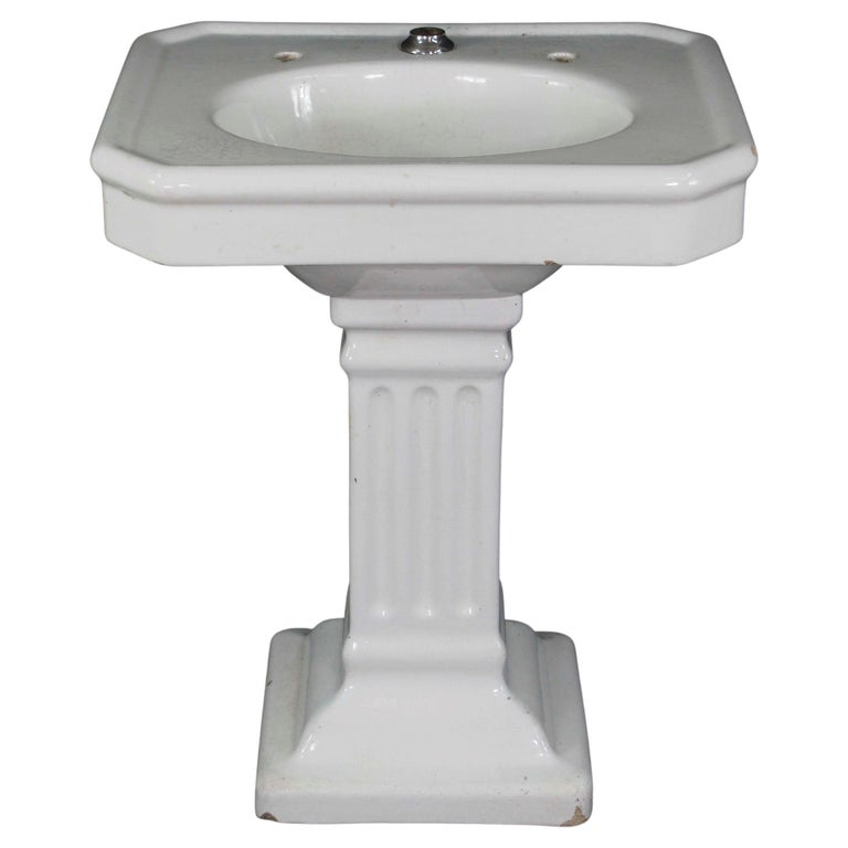 Antique Pedestal Sink in Earthenware with White Porcelain Glaze, Fluted ...