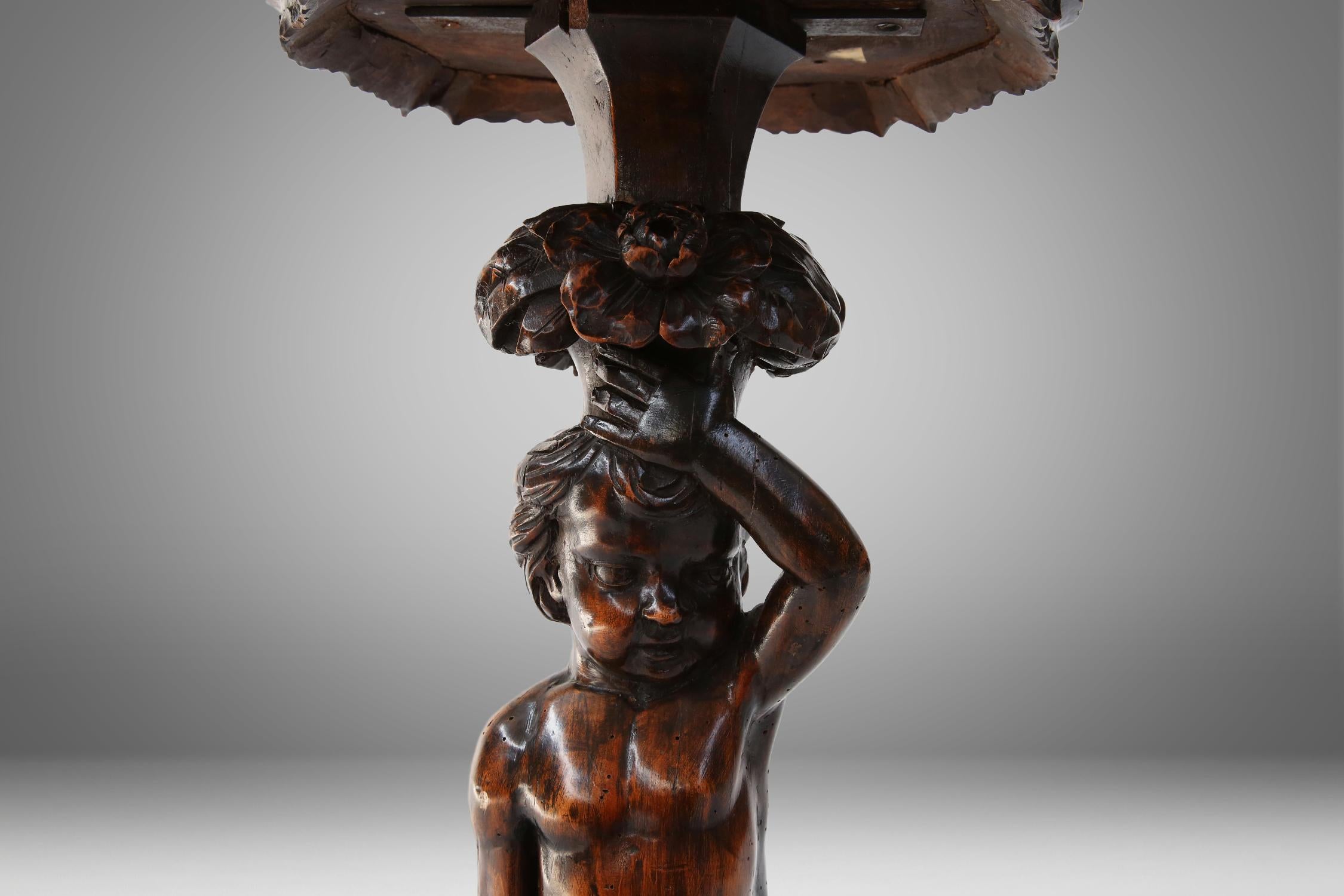 Wood Antique pedestal table with putti Ca.1850 For Sale