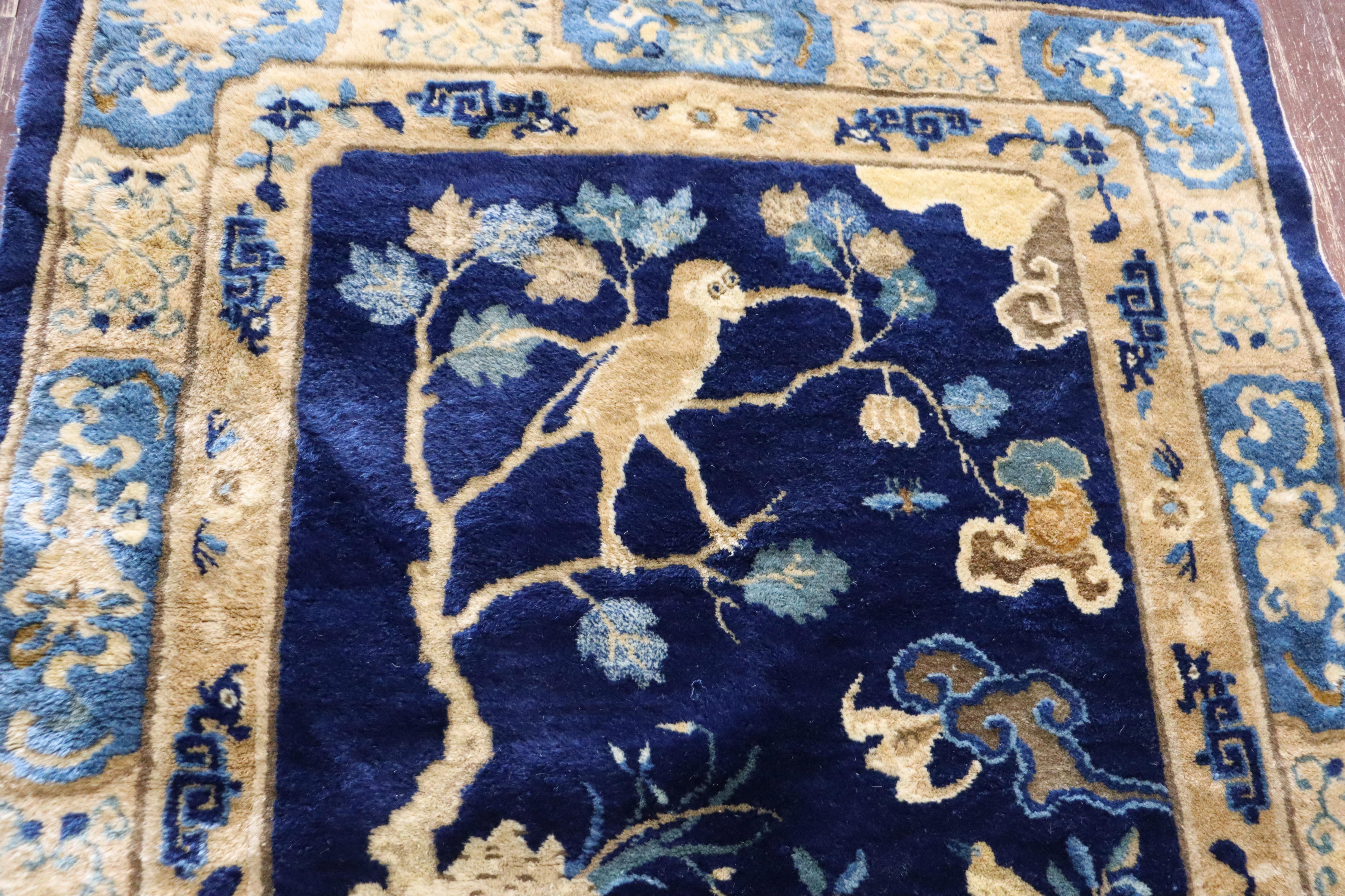 Antique Peking Art Deco Chinese Rug, Animal Birds, 3'7