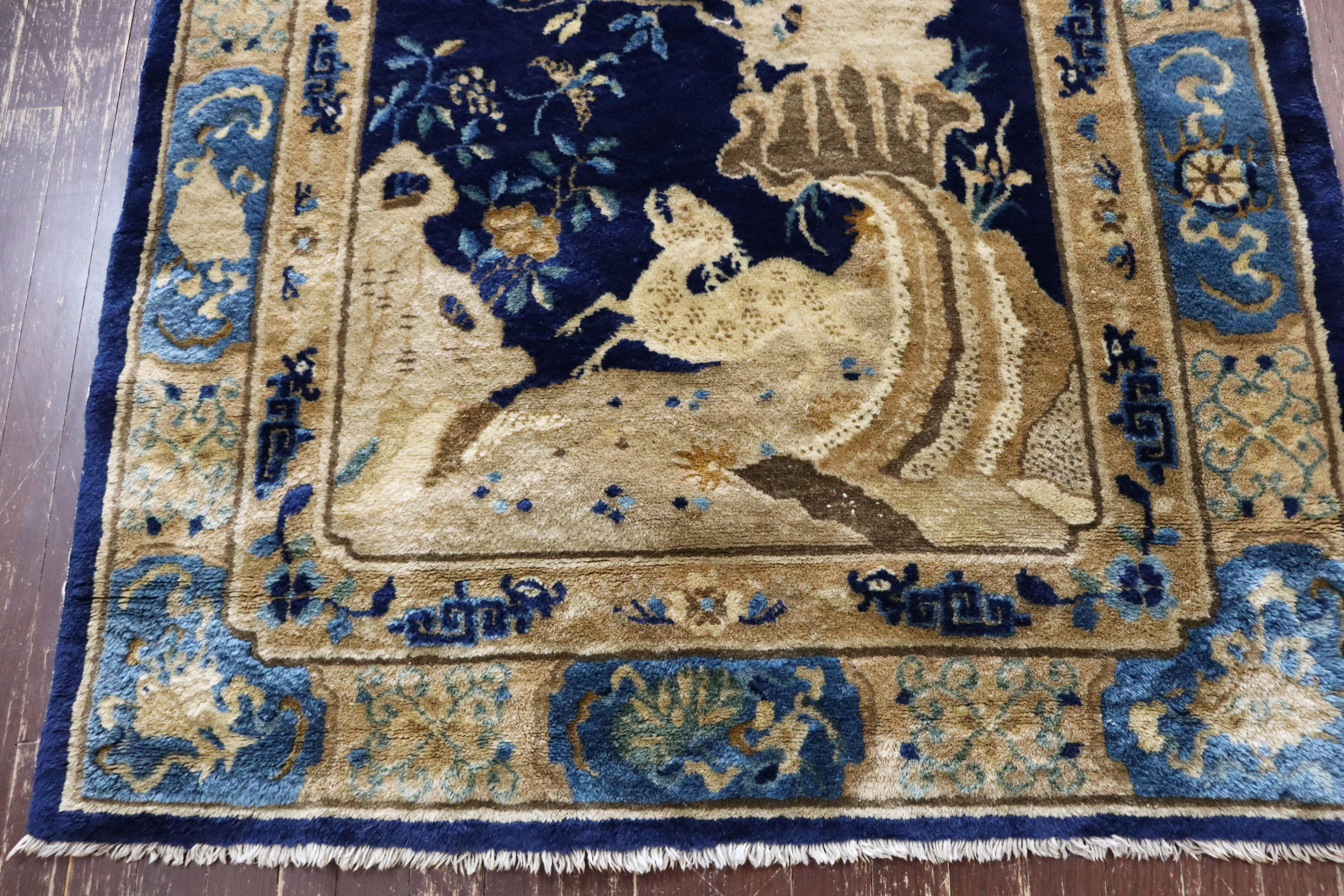 Antique Peking Art Deco Chinese Rug, Animal Birds, 3'7