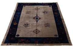 Antique Peking Blue and Brown Chinese Handmade Medallion Wool Rug